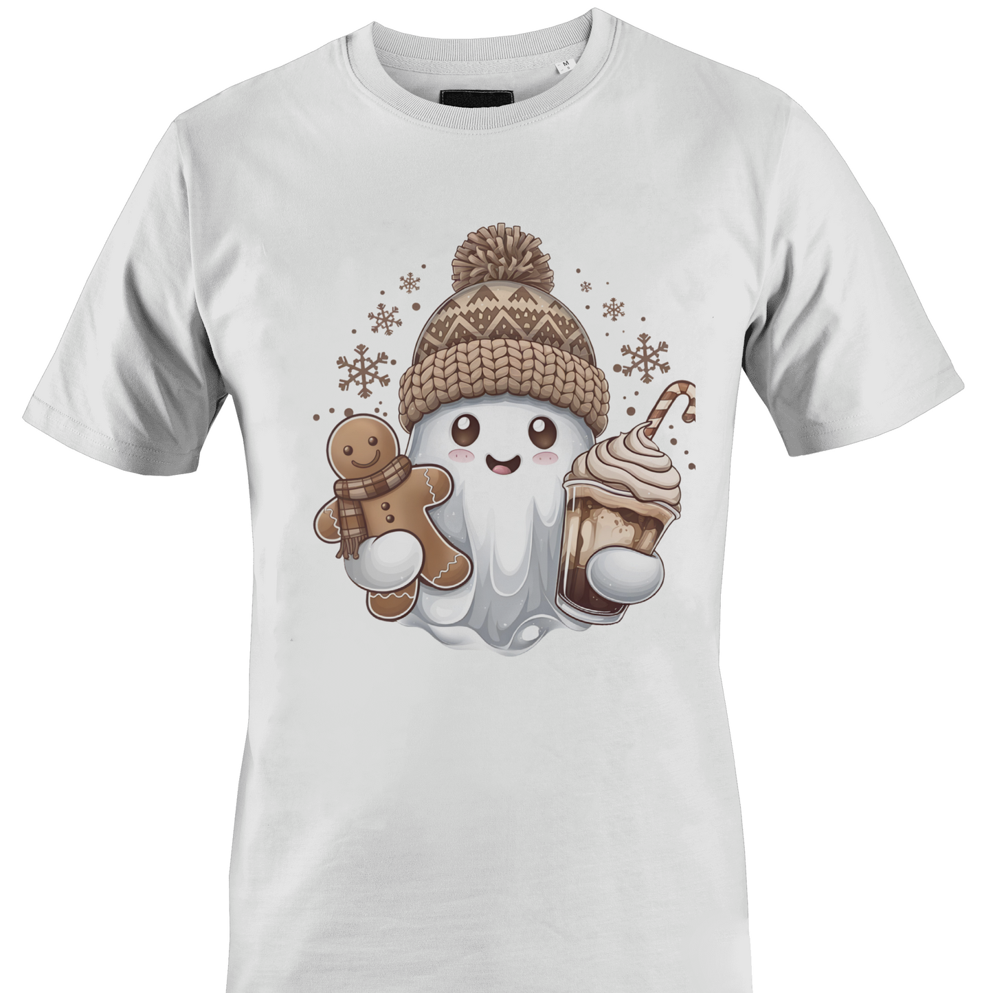 White t-shirt with a ghost wearing a hat, snowflakes, a gingerbread cookie and a sweet treat by Monkey's Creations. 