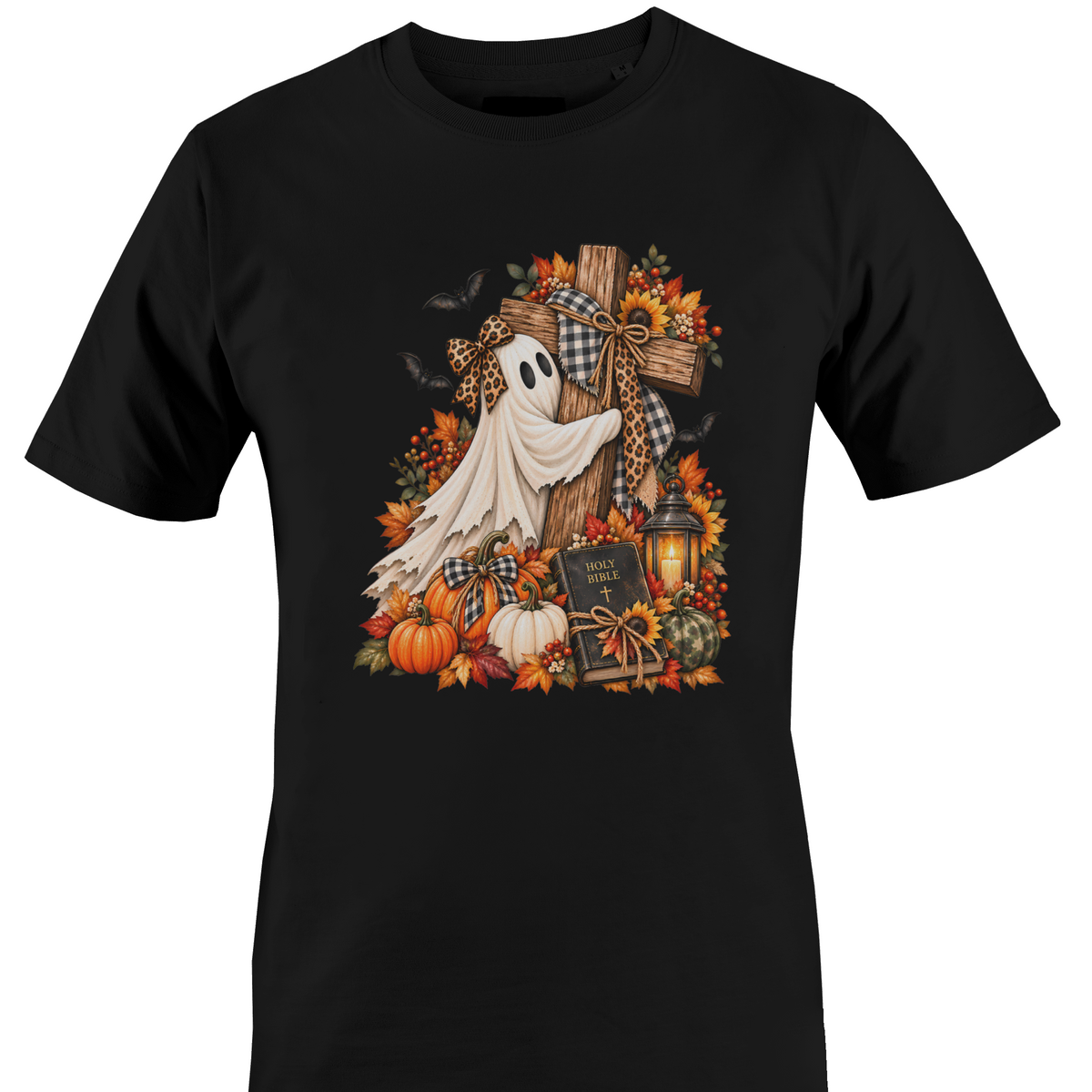 A black crewneck t-shirt featuring a detailed autumn Halloween graphic with a white ghost draped over a wooden cross, surrounded by pumpkins, fall leaves, sunflowers, a lantern, and bats by Monkey's Creations.