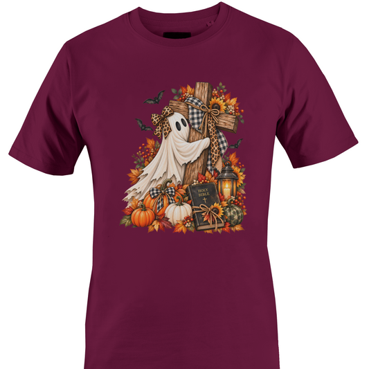 A burgundy crewneck t-shirt featuring a detailed autumn Halloween graphic with a white ghost draped over a wooden cross, surrounded by pumpkins, fall leaves, sunflowers, a lantern, and bats by Monkey's Creations.