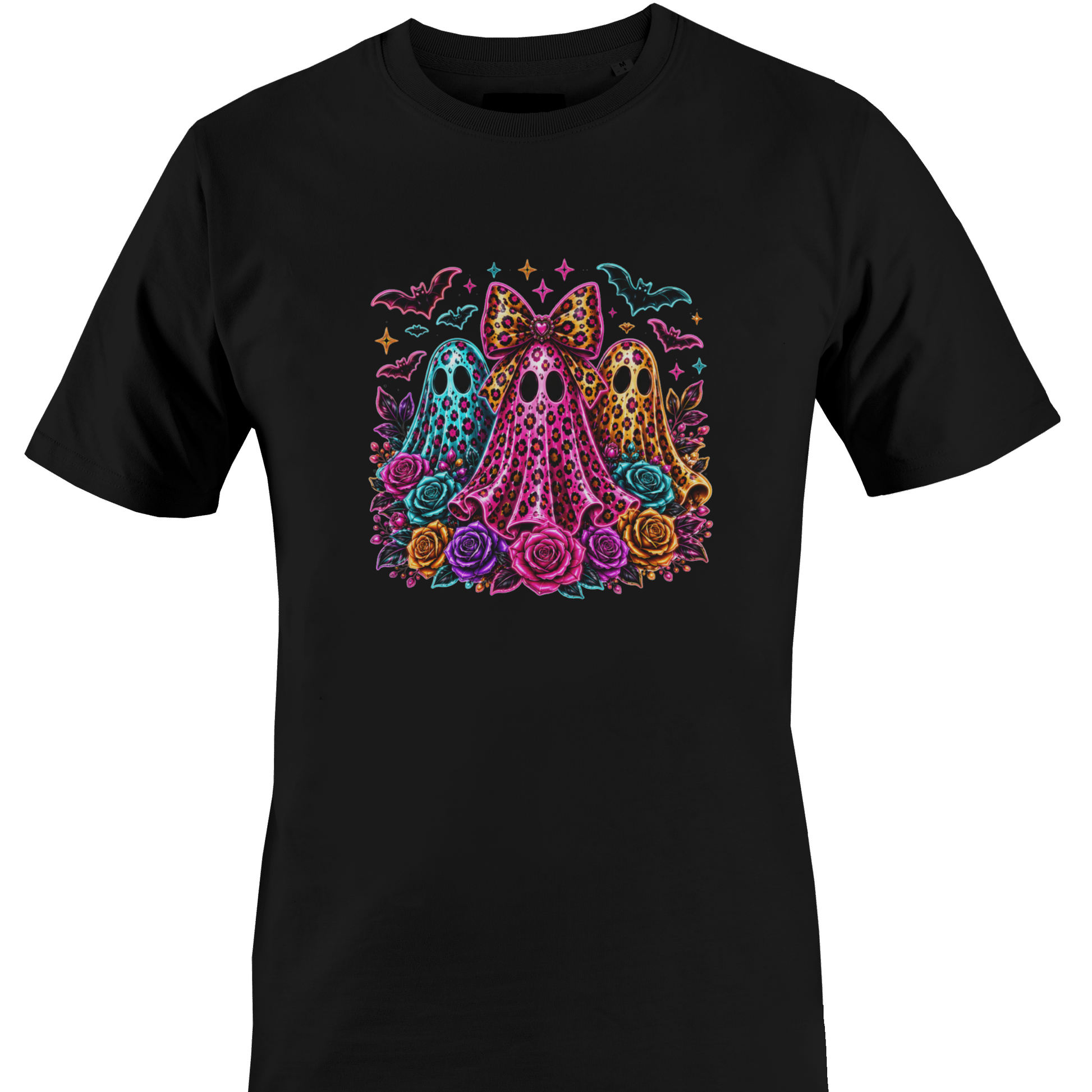 Black t-shirt with a trio of ghosts, colorful roses and bats for Halloween by Monkey's Creations. 