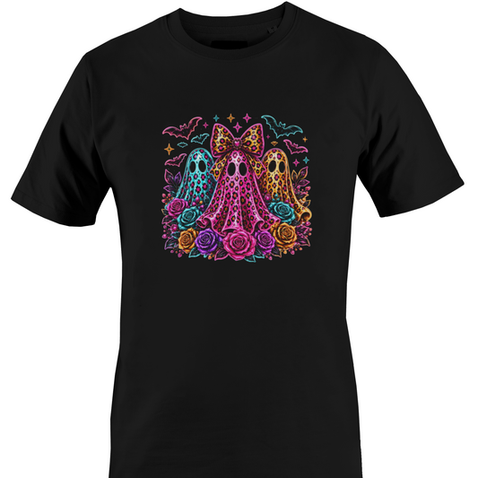 Black t-shirt with a trio of ghosts, colorful roses and bats for Halloween by Monkey's Creations. 