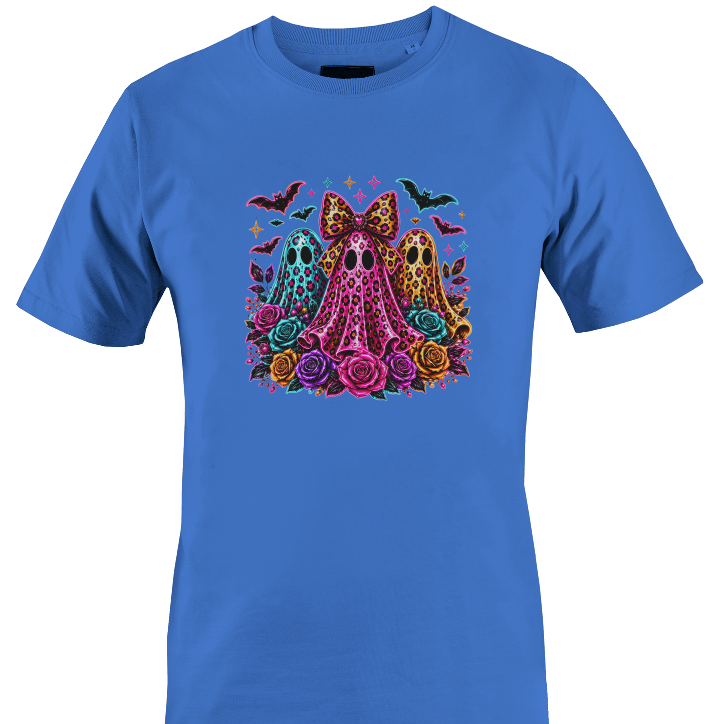 Blue  t-shirt with a trio of ghosts, colorful roses and bats for Halloween by Monkey's Creations. 