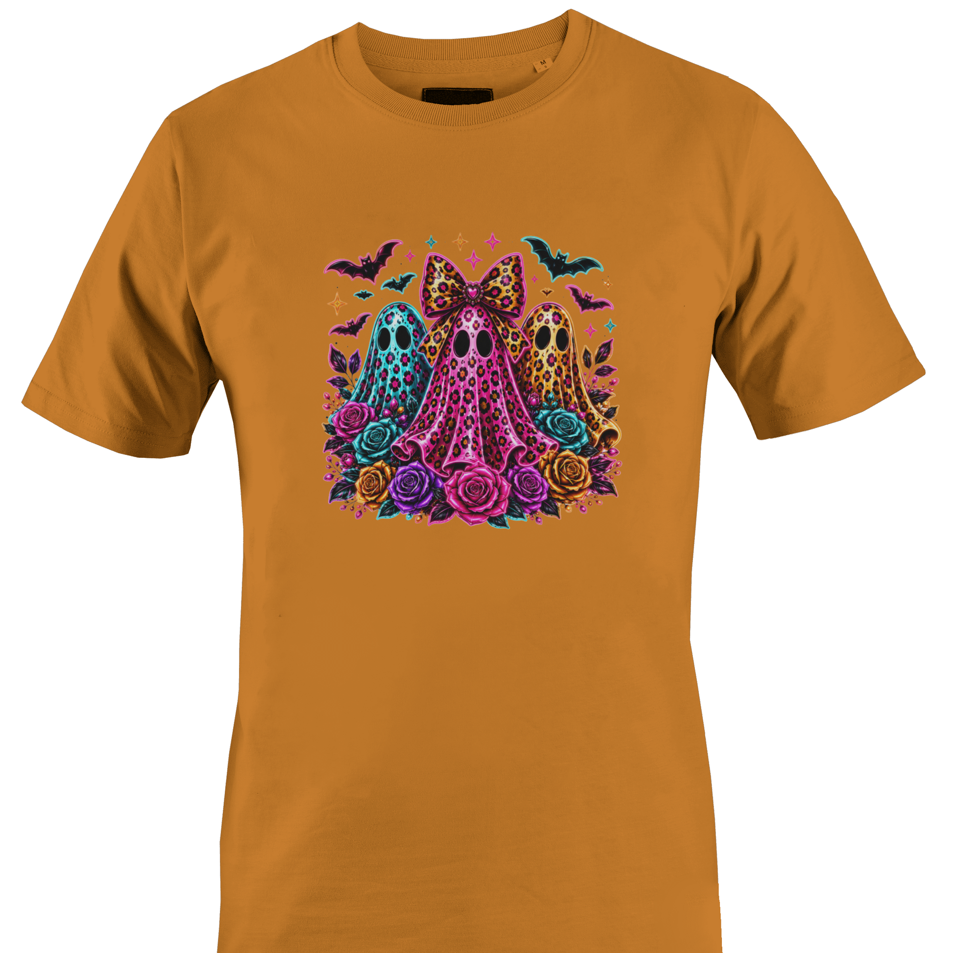 Orange t-shirt with a trio of ghosts, colorful roses and bats for Halloween by Monkey's Creations. 