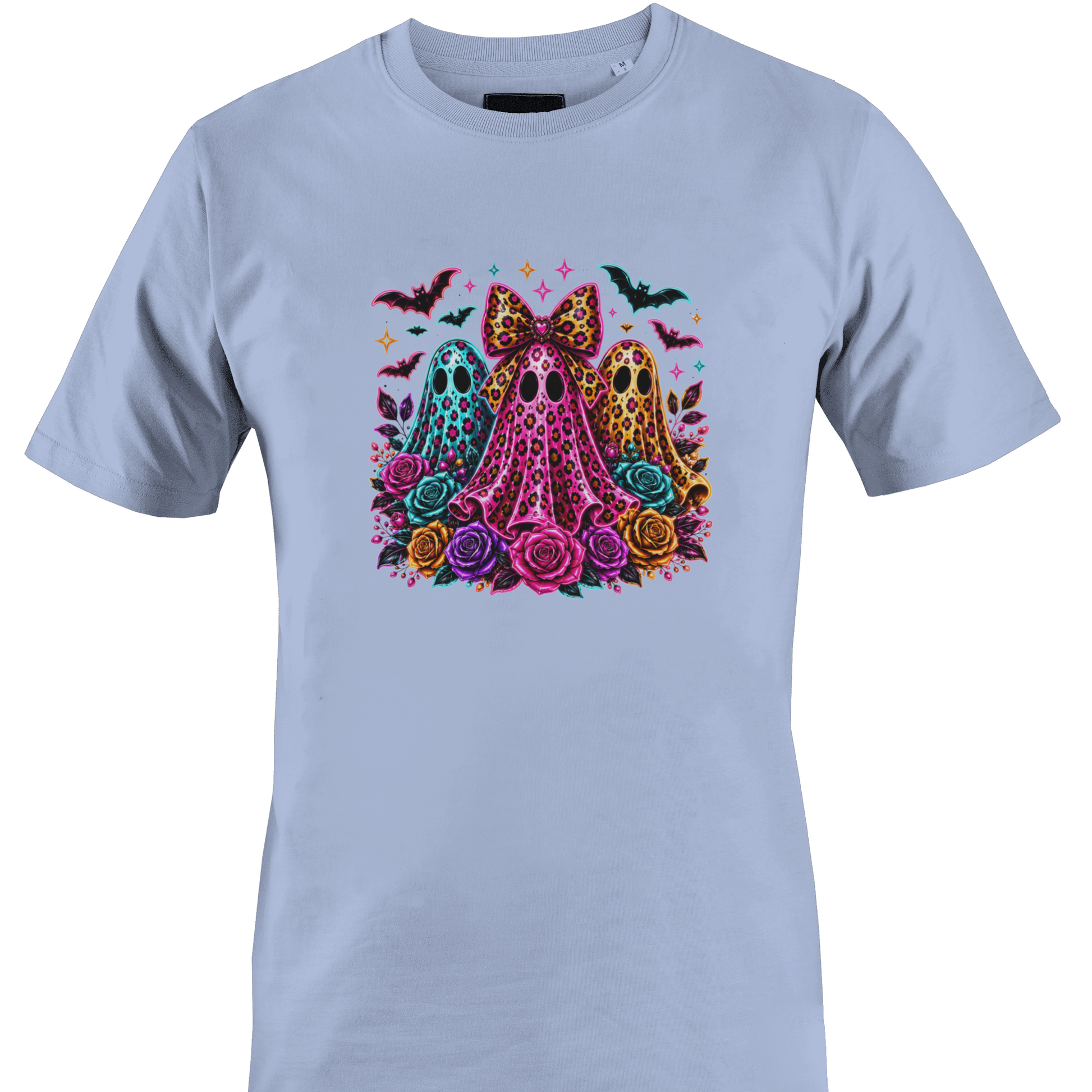 Light blue t-shirt with a trio of ghosts, colorful roses and bats for Halloween by Monkey's Creations. 