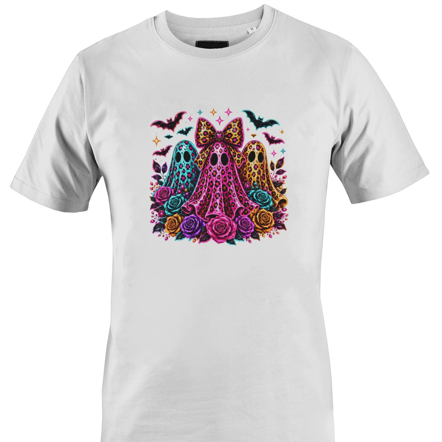 White t-shirt with a trio of ghosts, colorful roses and bats for Halloween by Monkey's Creations. 