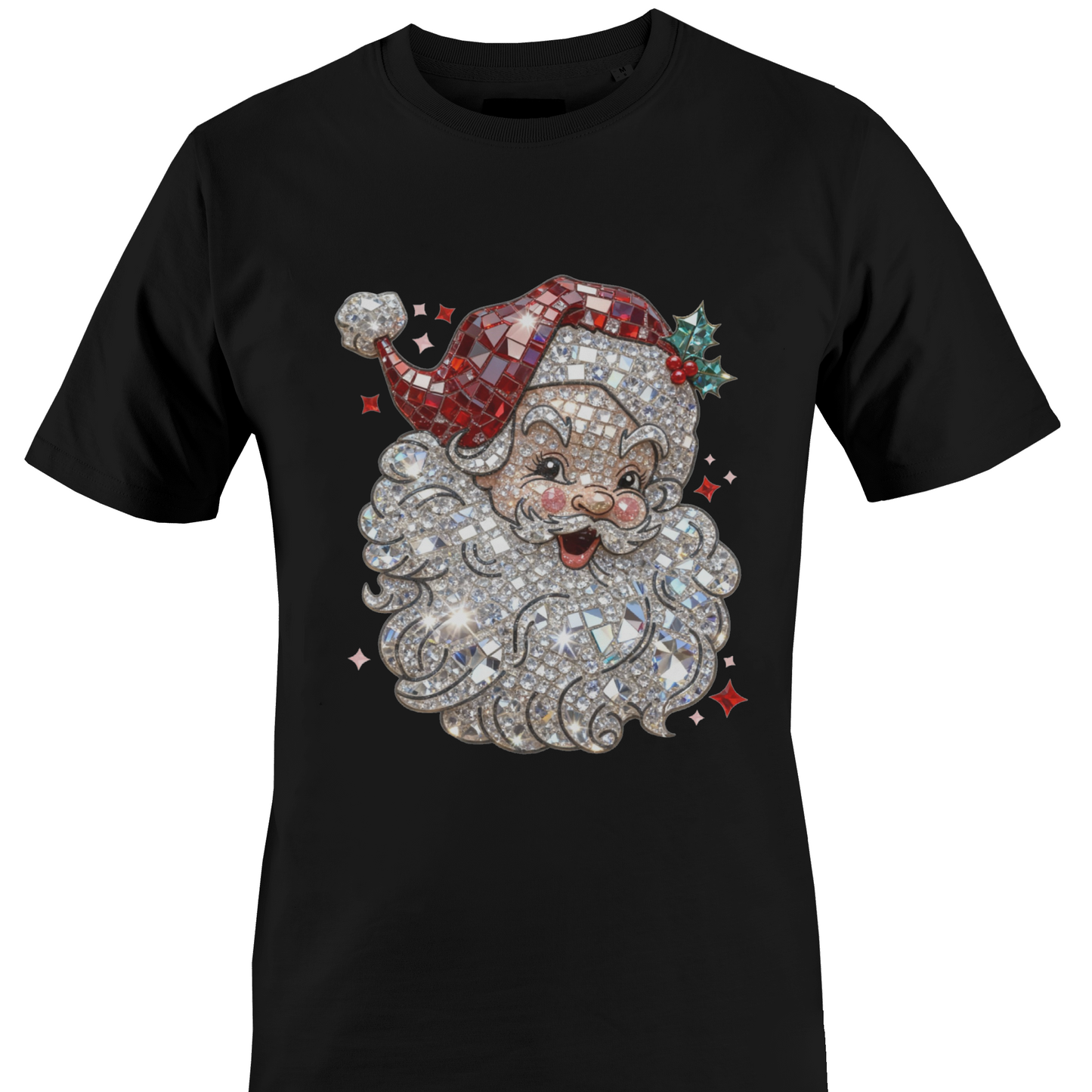 Black t-shirt with a glass mosaic classic Santa by Monkey's Creations.