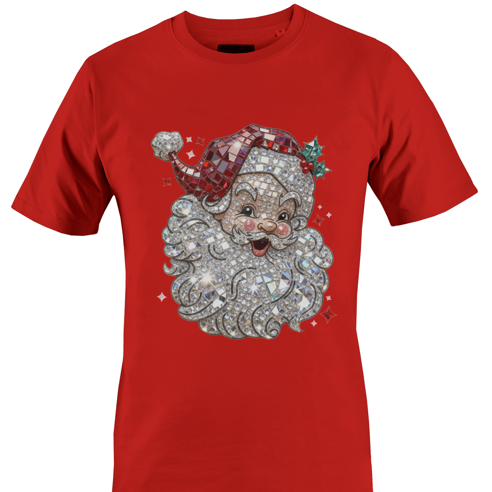 Red t-shirt with a glass mosaic classic Santa by Monkey's Creations.