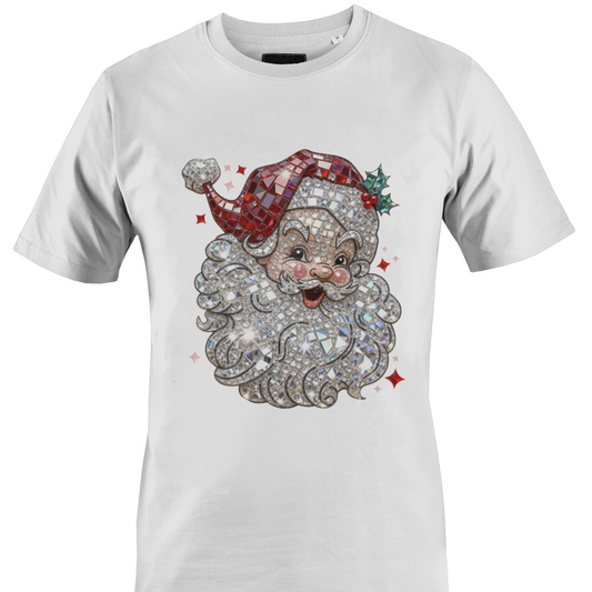 White t-shirt with a glass mosaic classic Santa by Monkey's Creations.