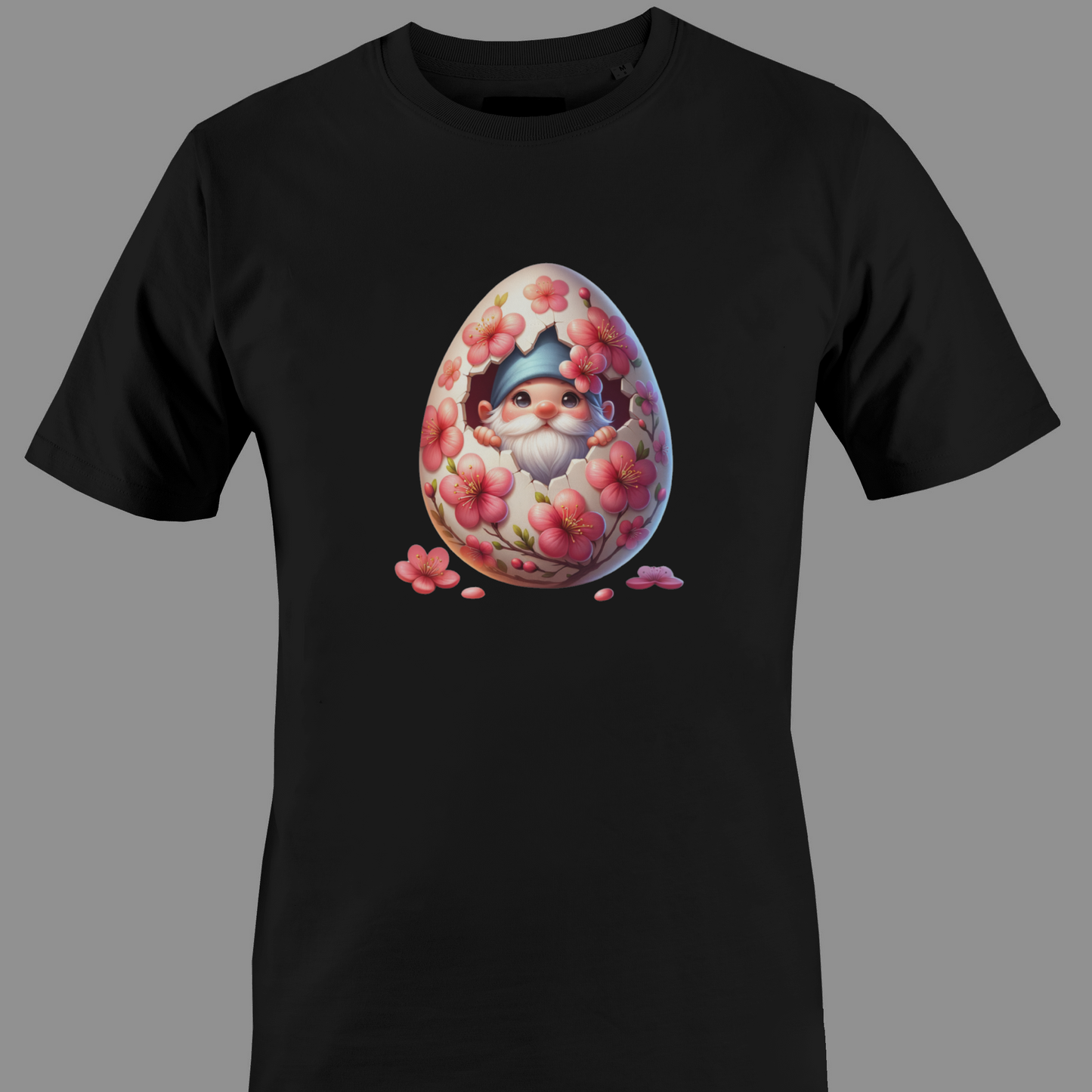 Black t-shirt with a Floral Easter egg with a gnome in it