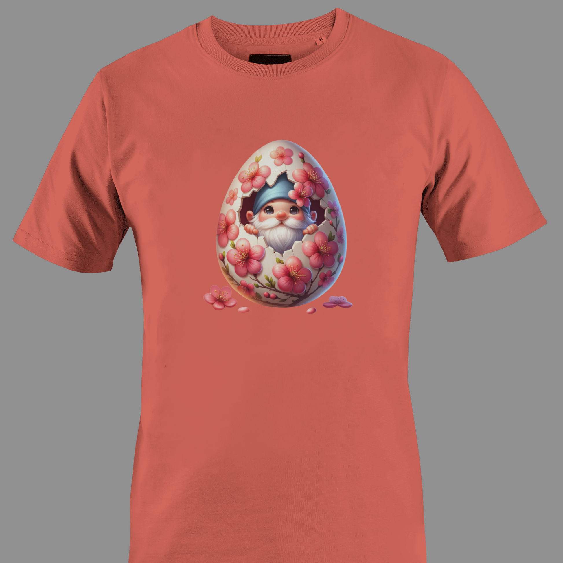Coral t-shirt with a Floral Easter egg with a gnome in it
