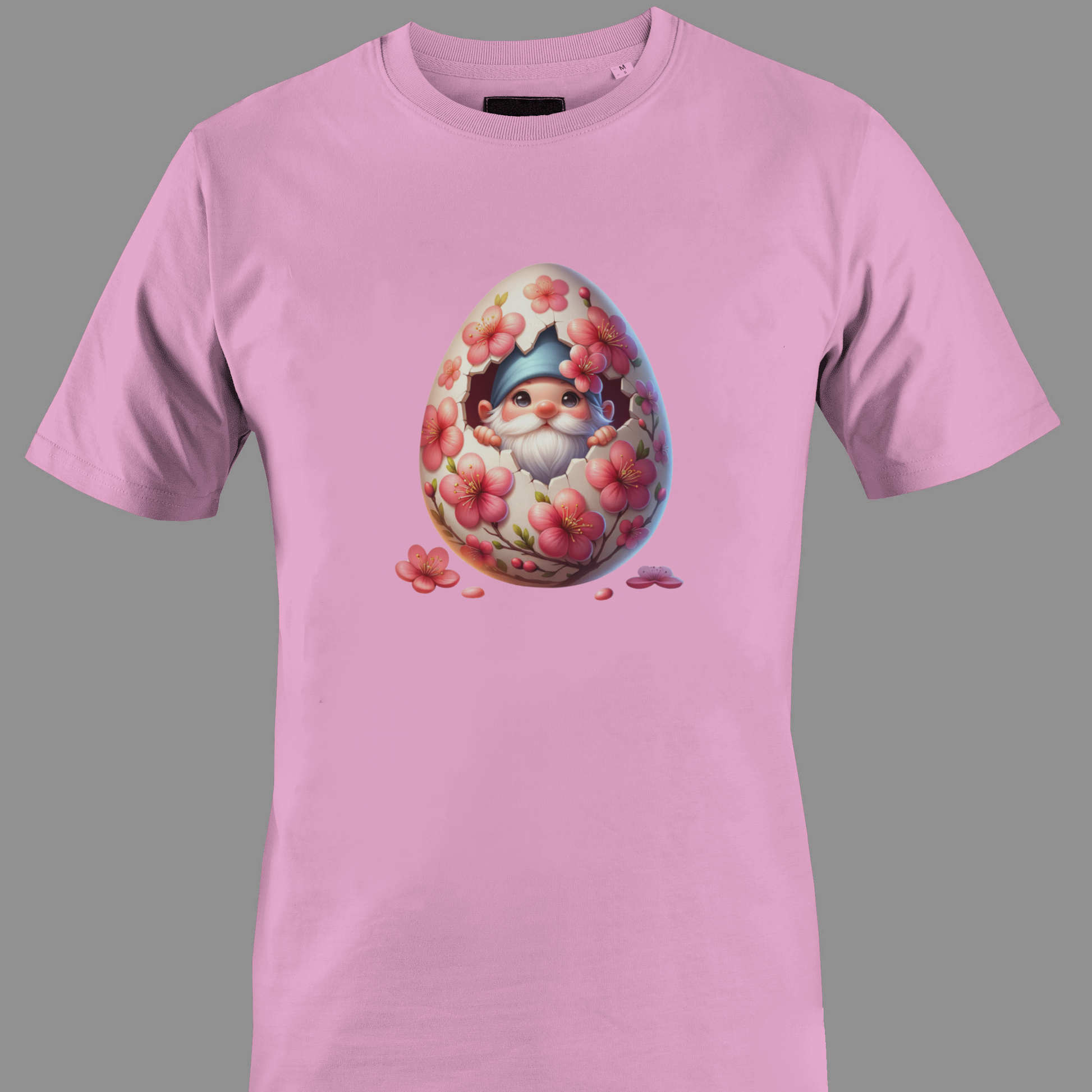 Pink t-shirt with a Floral Easter egg with a gnome in it