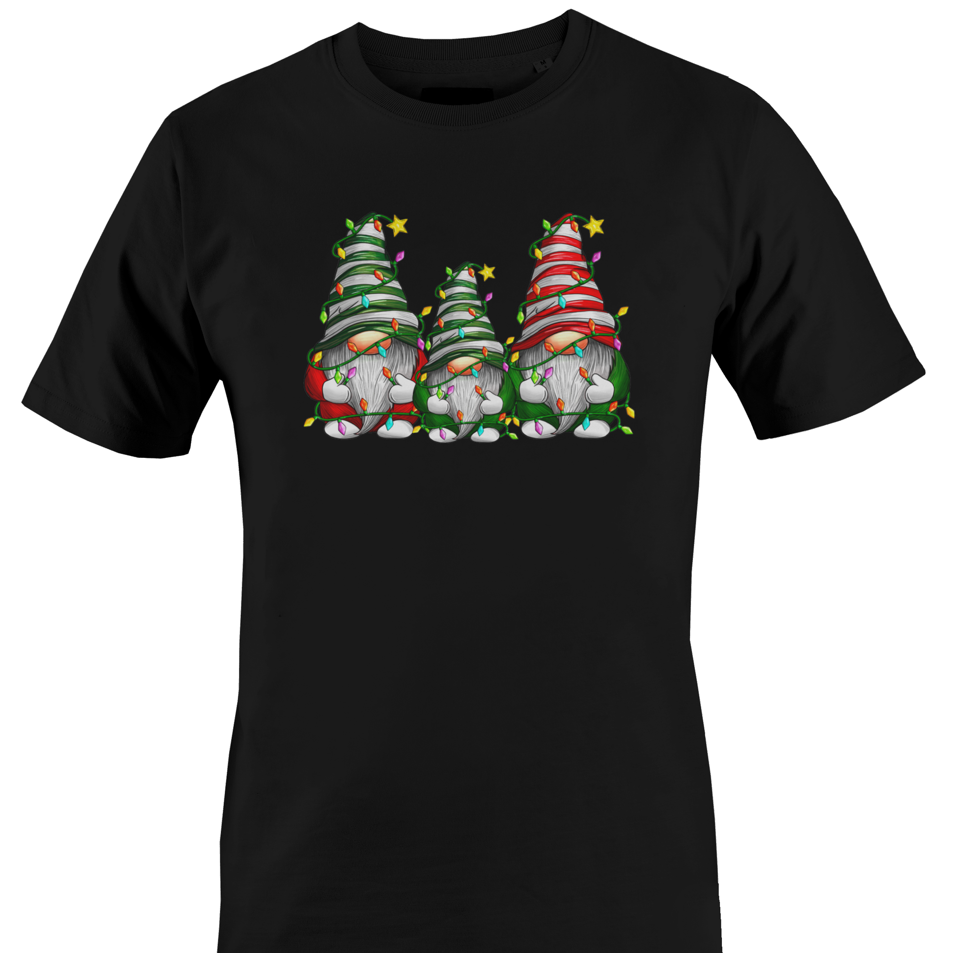 Black t-shirt with a trio of gnomes wrapped in Christmas lights by Monkey's Creations. 