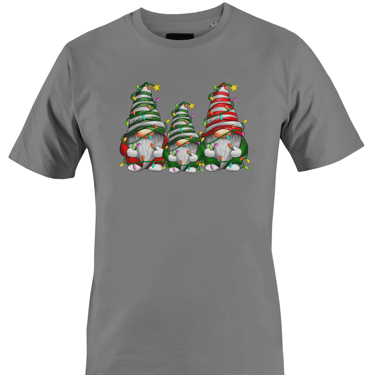 Grey t-shirt with a trio of gnomes wrapped in Christmas lights by Monkey's Creations. 