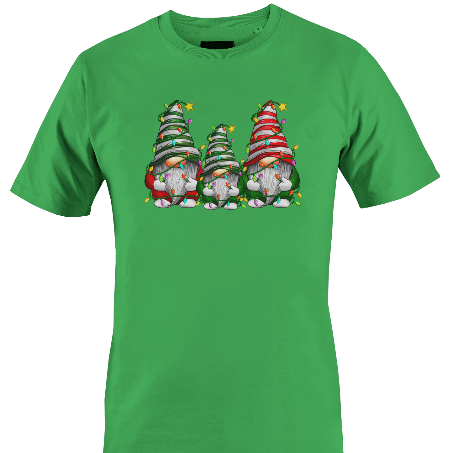 Green t-shirt with a trio of gnomes wrapped in Christmas lights by Monkey's Creations. 