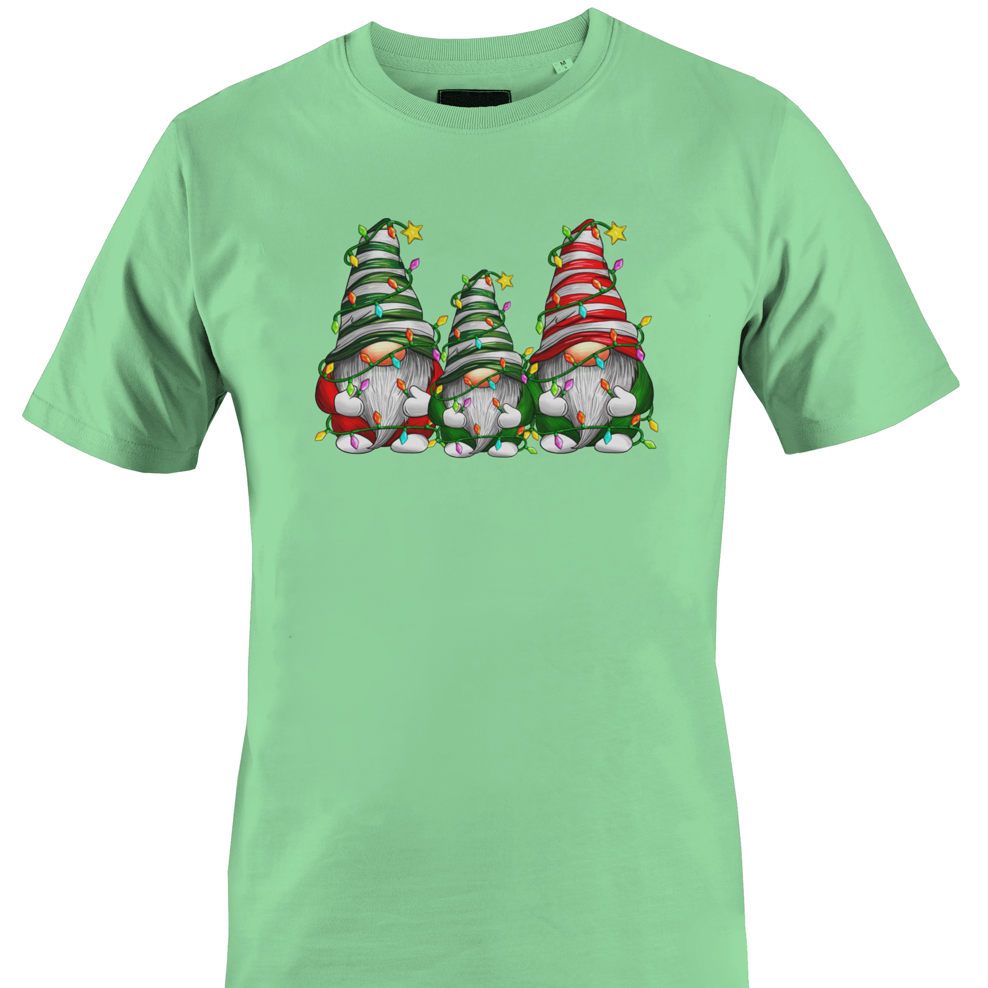 Mint green t-shirt with a trio of gnomes wrapped in Christmas lights by Monkey's Creations. 