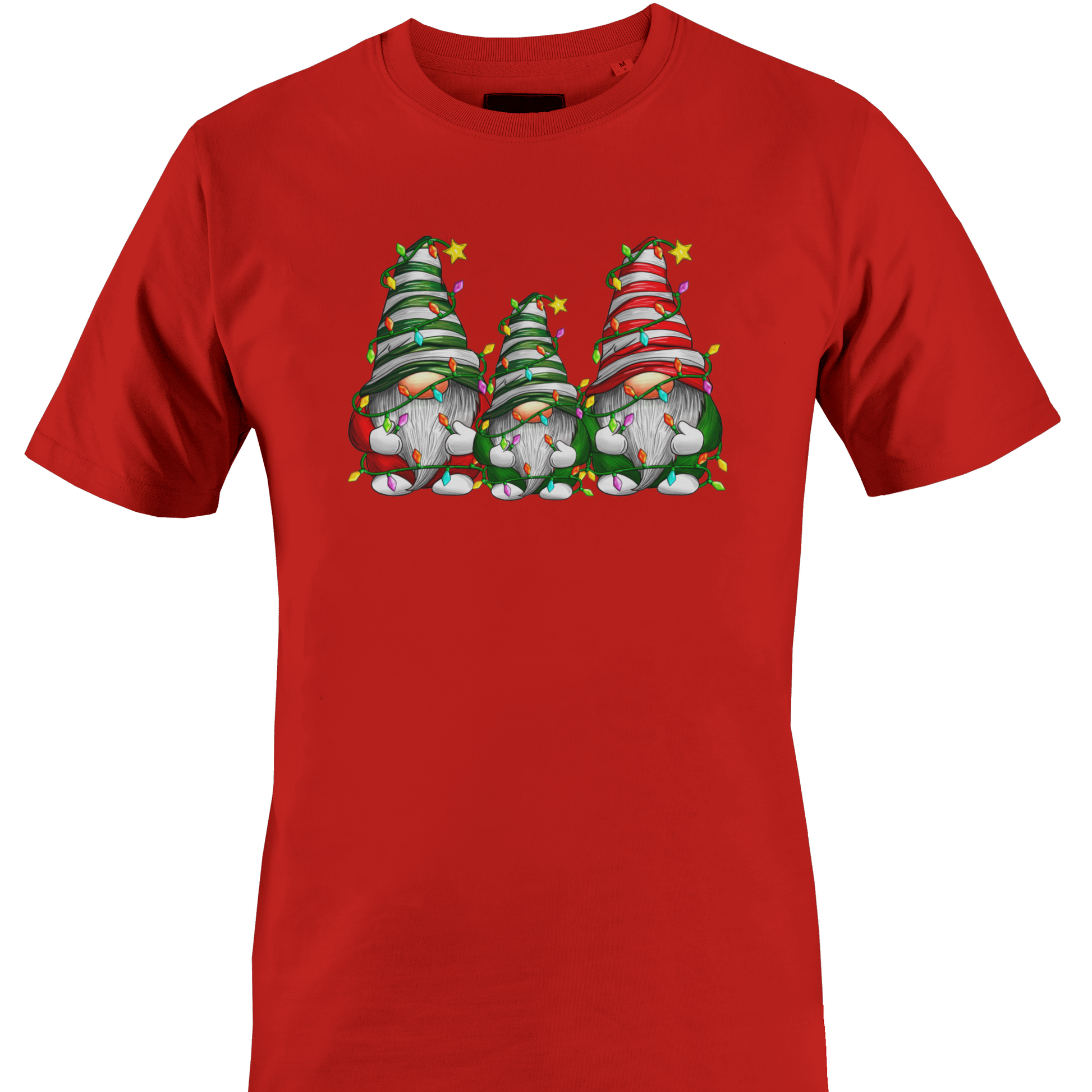 Red t-shirt with a trio of gnomes wrapped in Christmas lights by Monkey's Creations. 