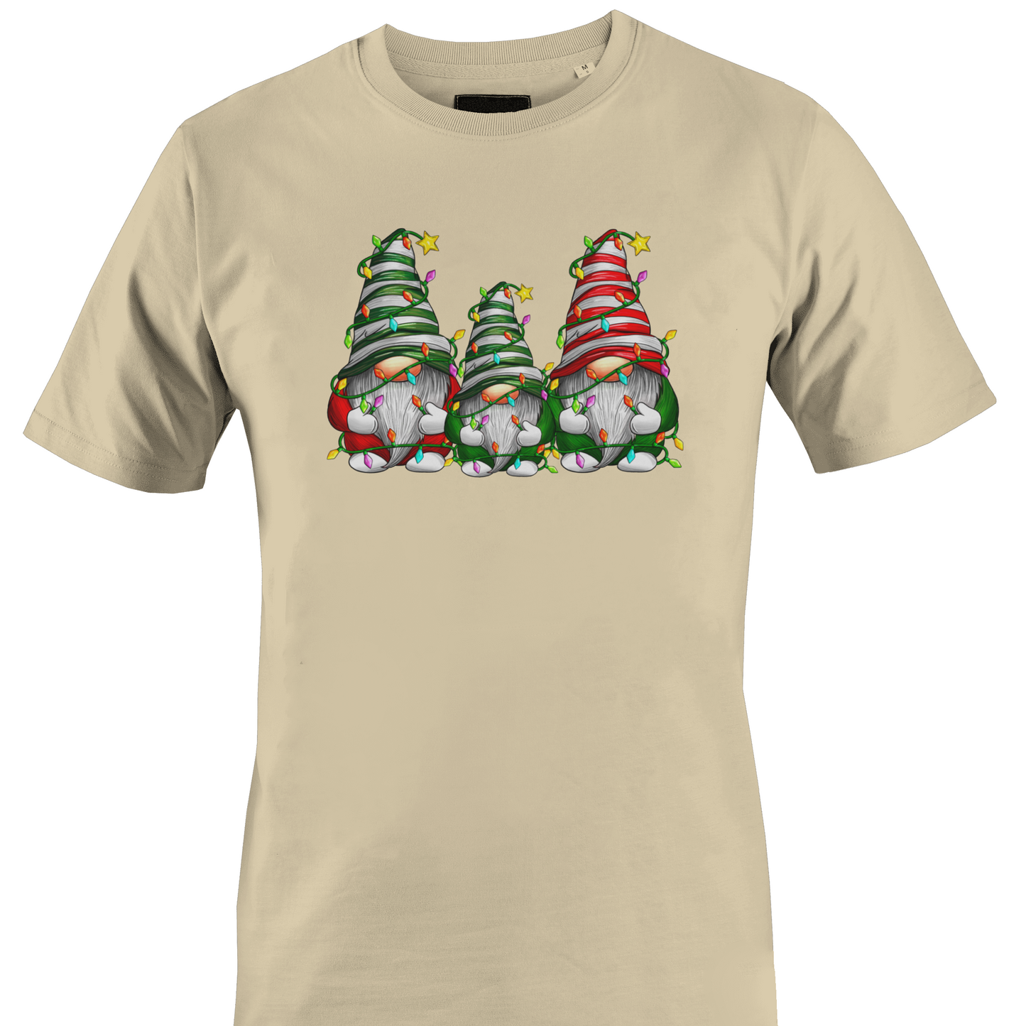 Tan t-shirt with a trio of gnomes wrapped in Christmas lights by Monkey's Creations. 