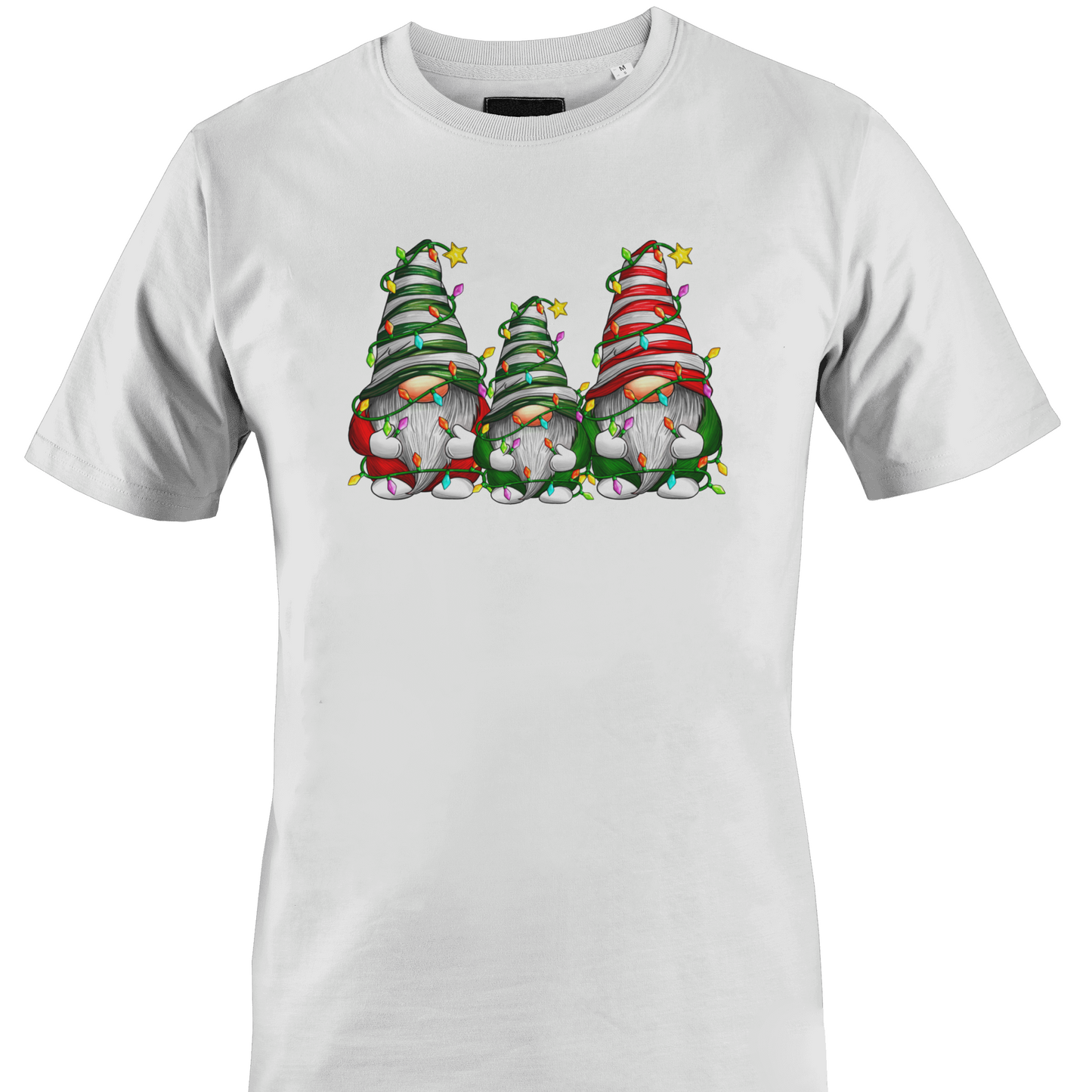 White t-shirt with a trio of gnomes wrapped in Christmas lights by Monkey's Creations. 