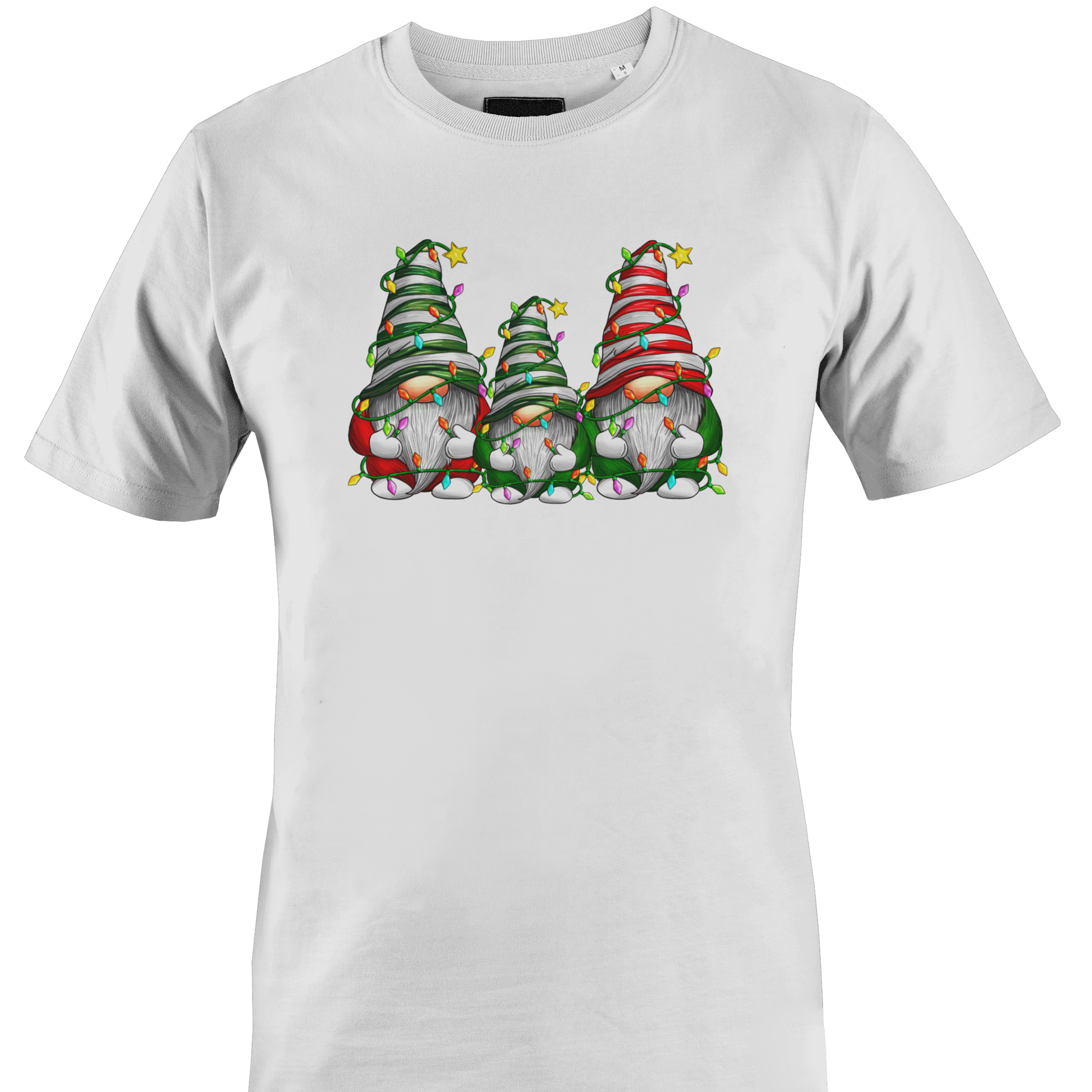 White t-shirt with a trio of gnomes wrapped in Christmas lights by Monkey's Creations. 