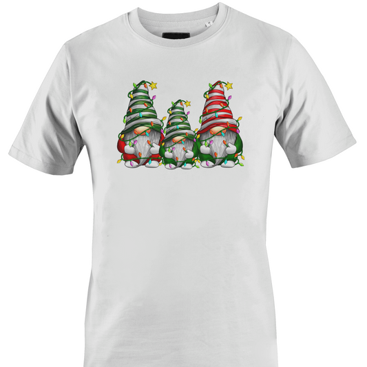 White t-shirt with a trio of gnomes wrapped in Christmas lights by Monkey's Creations. 