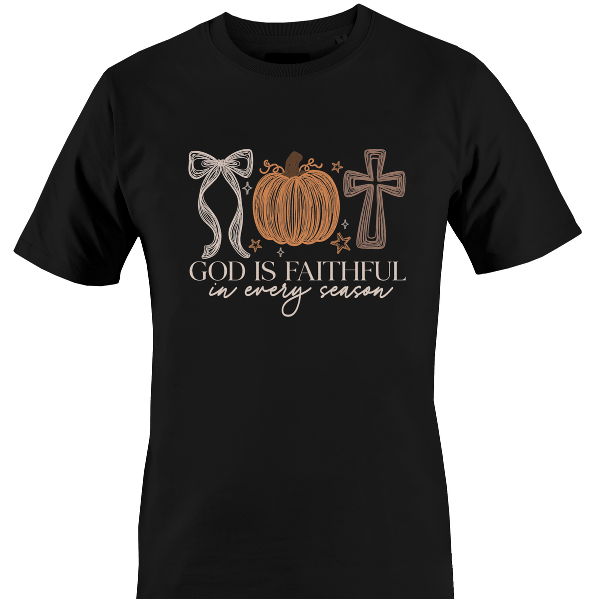 A black short-sleeve crewneck t-shirt featuring a graphic design on the front with a bow, a pumpkin, a cross, and the text 'GOD IS FAITHFUL in every season' by Monkey's Creations.