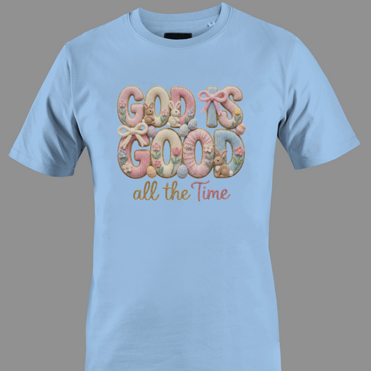t-shirt with 'God is Good all the Time' text 