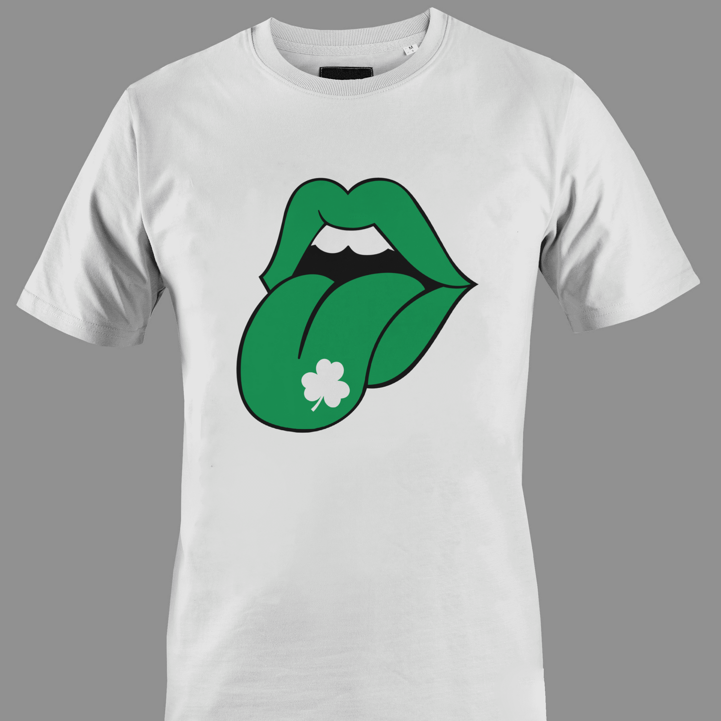 White t-shirt with Green lips with a white four-leaf clover on tongue