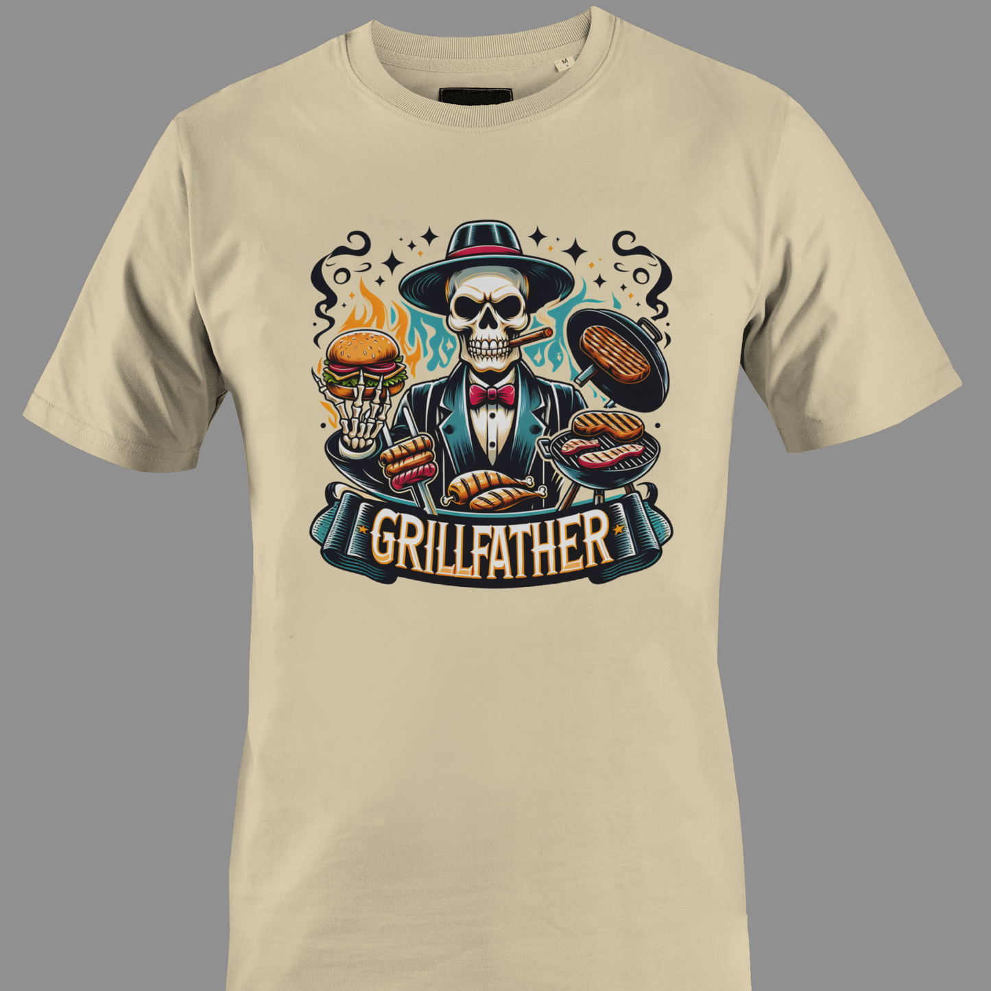 Beige t-shirt with a skull graphic and 'Grillfather' text on a gray background
