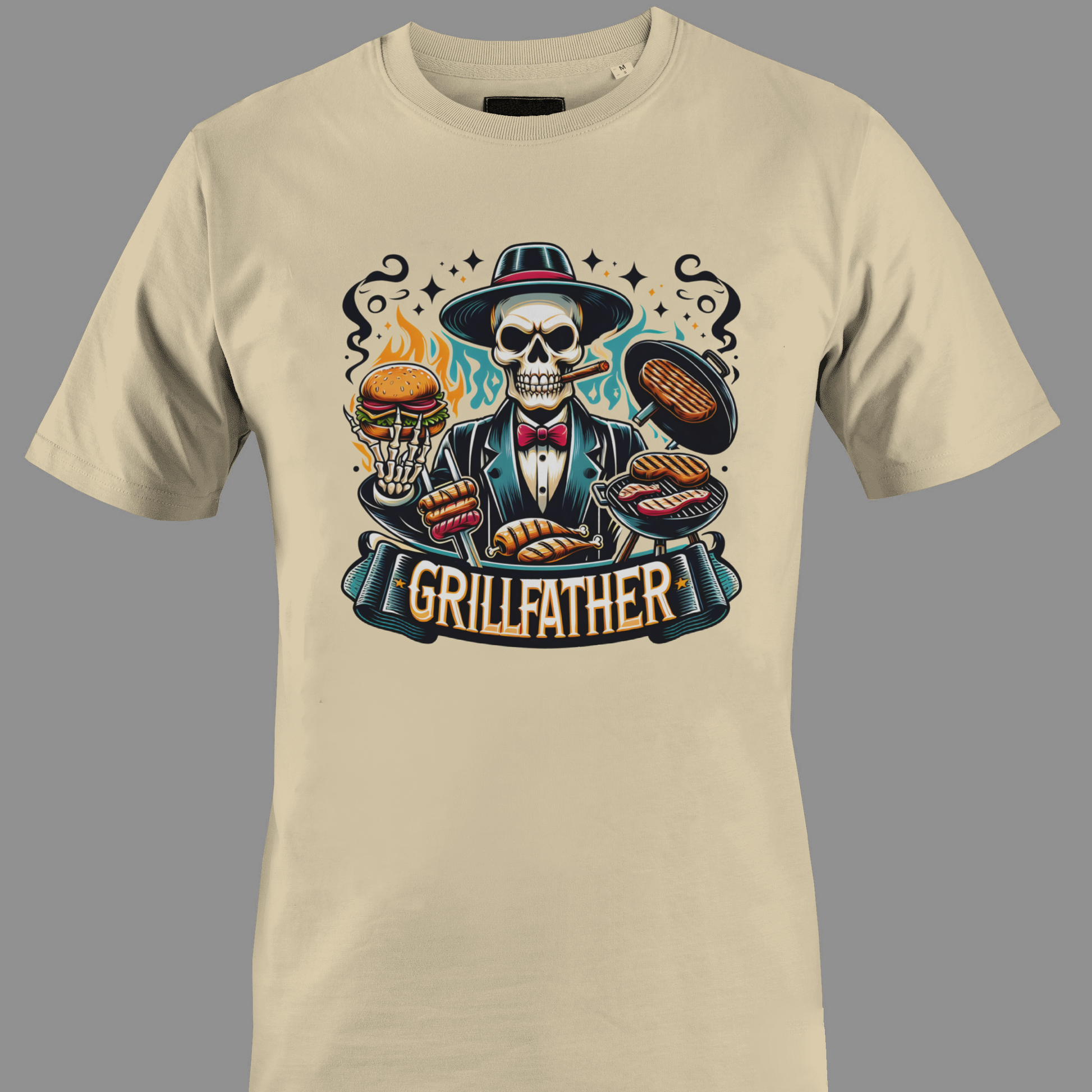 Beige t-shirt with a skull graphic and 'Grillfather' text on a gray background