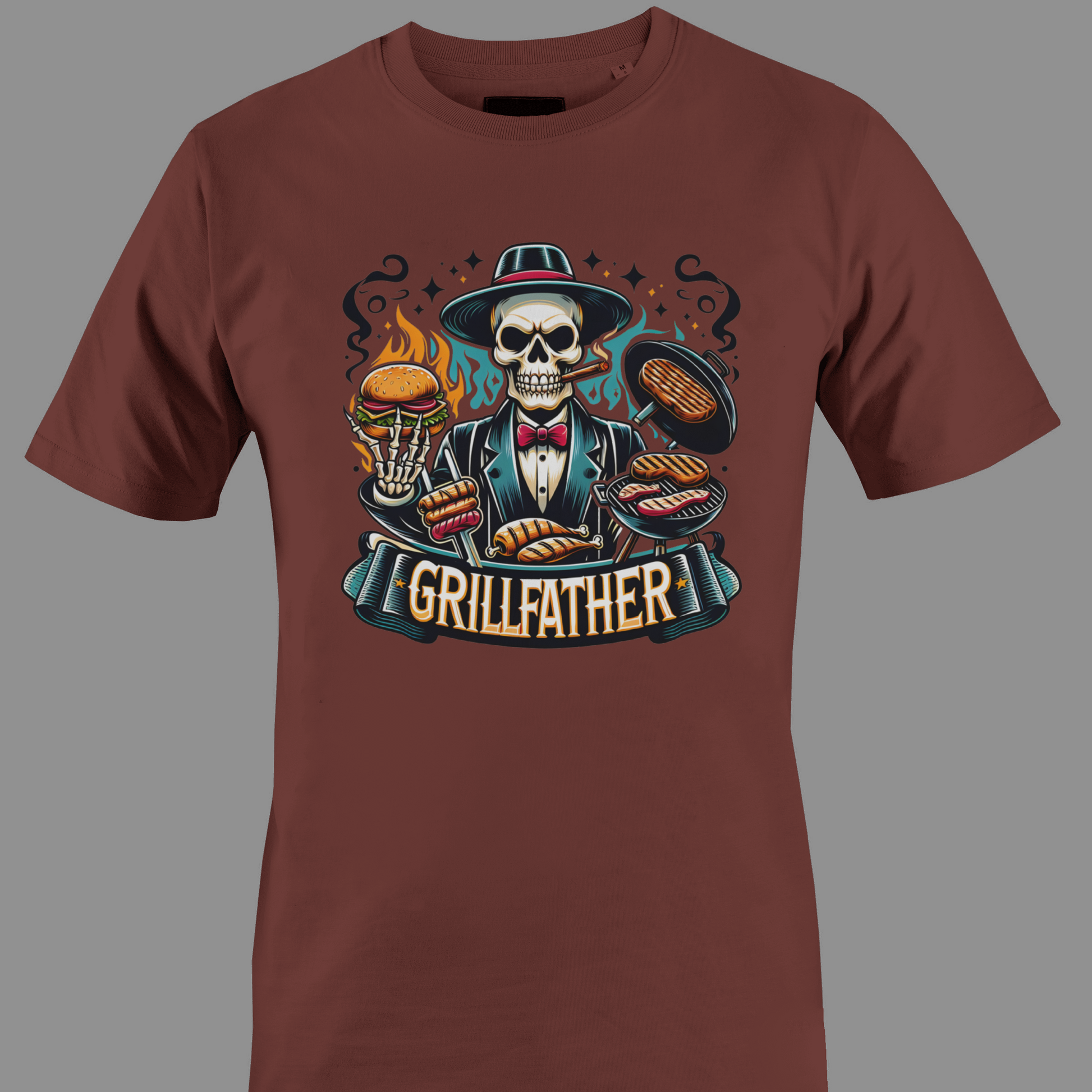 Brown t-shirt with a skull graphic and 'Grillfather' text on a gray background