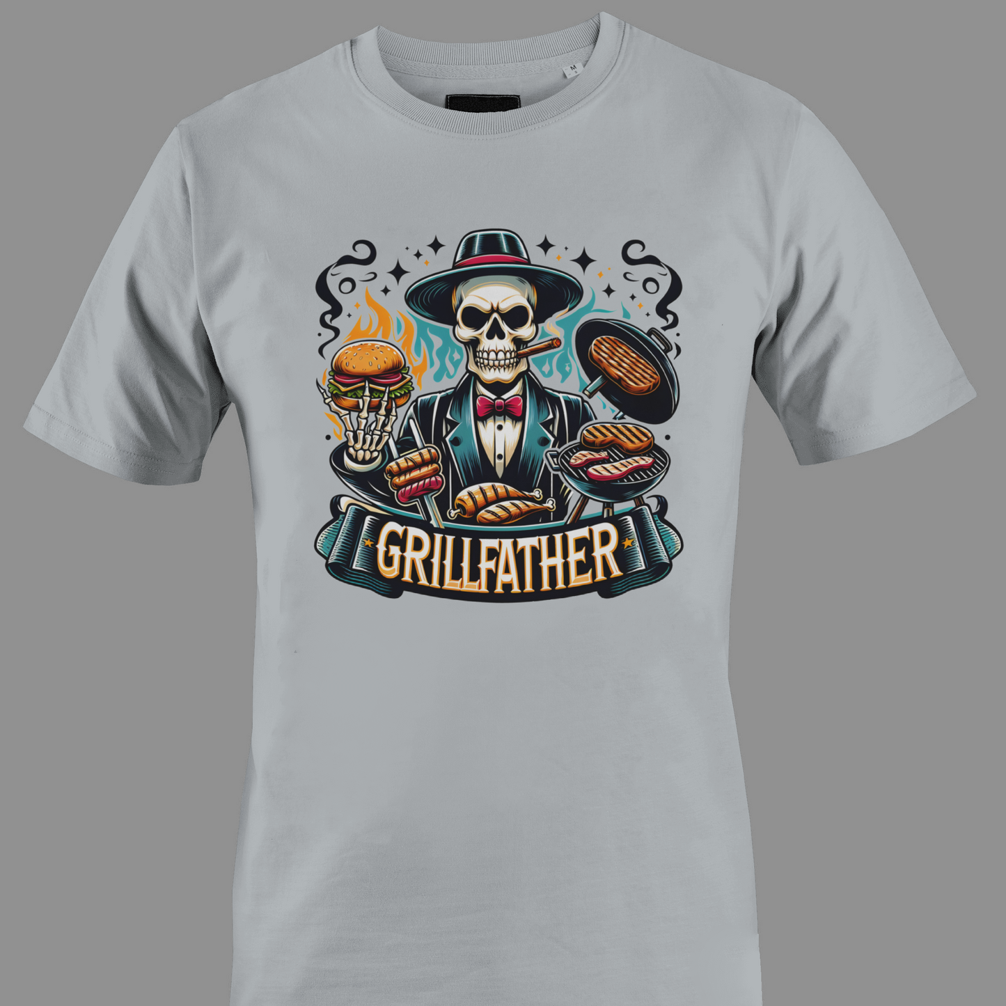Light gray t-shirt with a skull graphic and 'Grillfather' text on a gray background