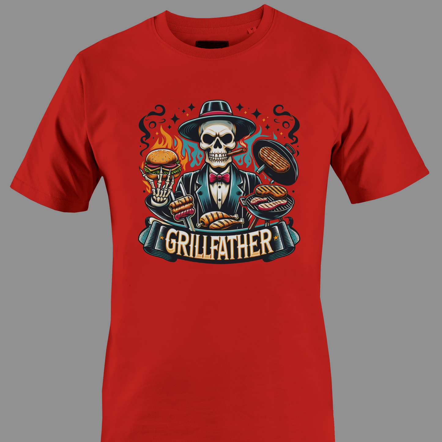 Red t-shirt with a skull graphic and 'Grillfather' text on a gray background