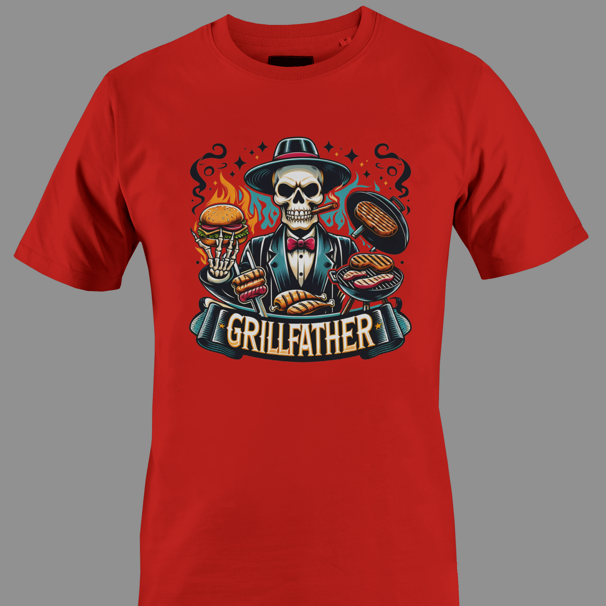 Red t-shirt with a skull graphic and 'Grillfather' text on a gray background