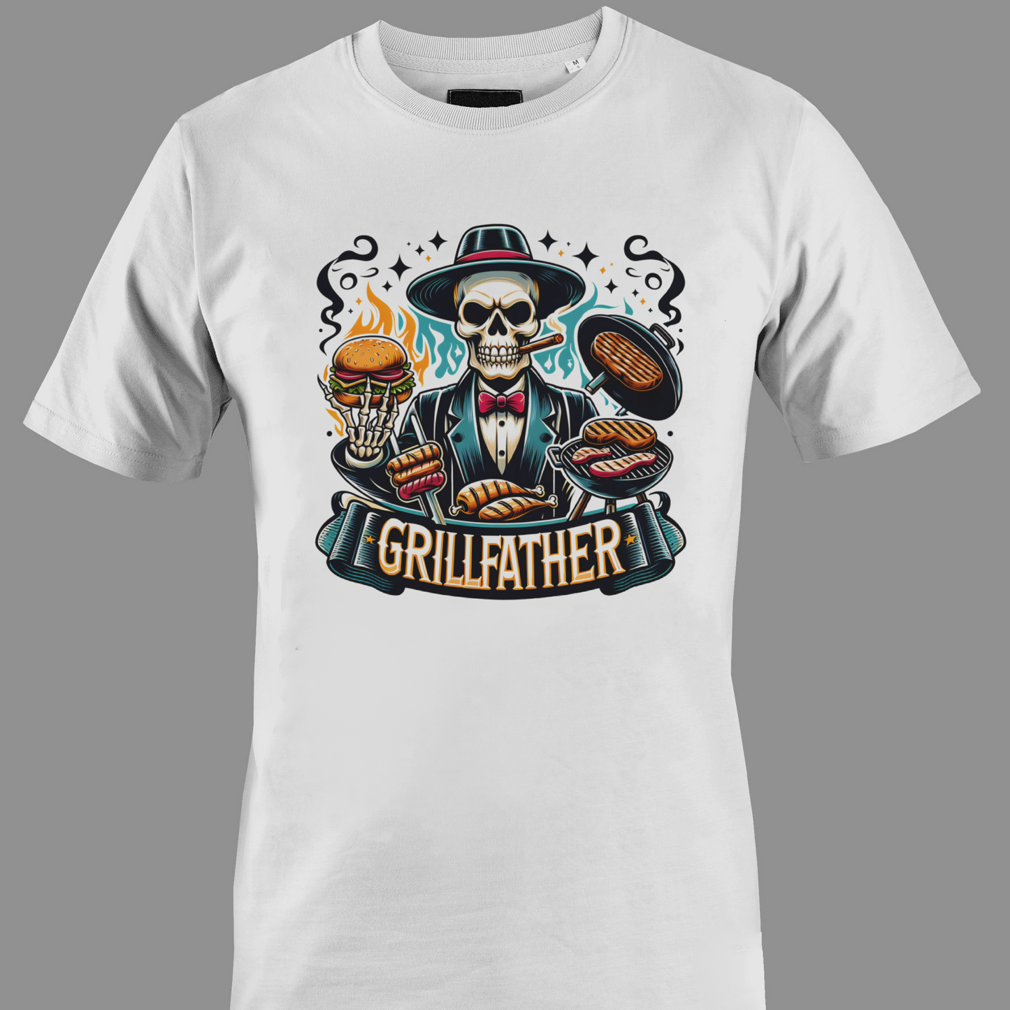 White t-shirt with a skull graphic and 'Grillfather' text on a gray background