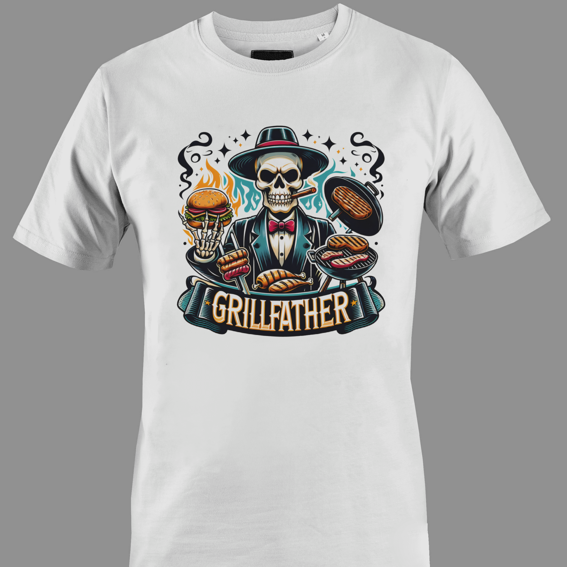 White t-shirt with a skull graphic and 'Grillfather' text on a gray background