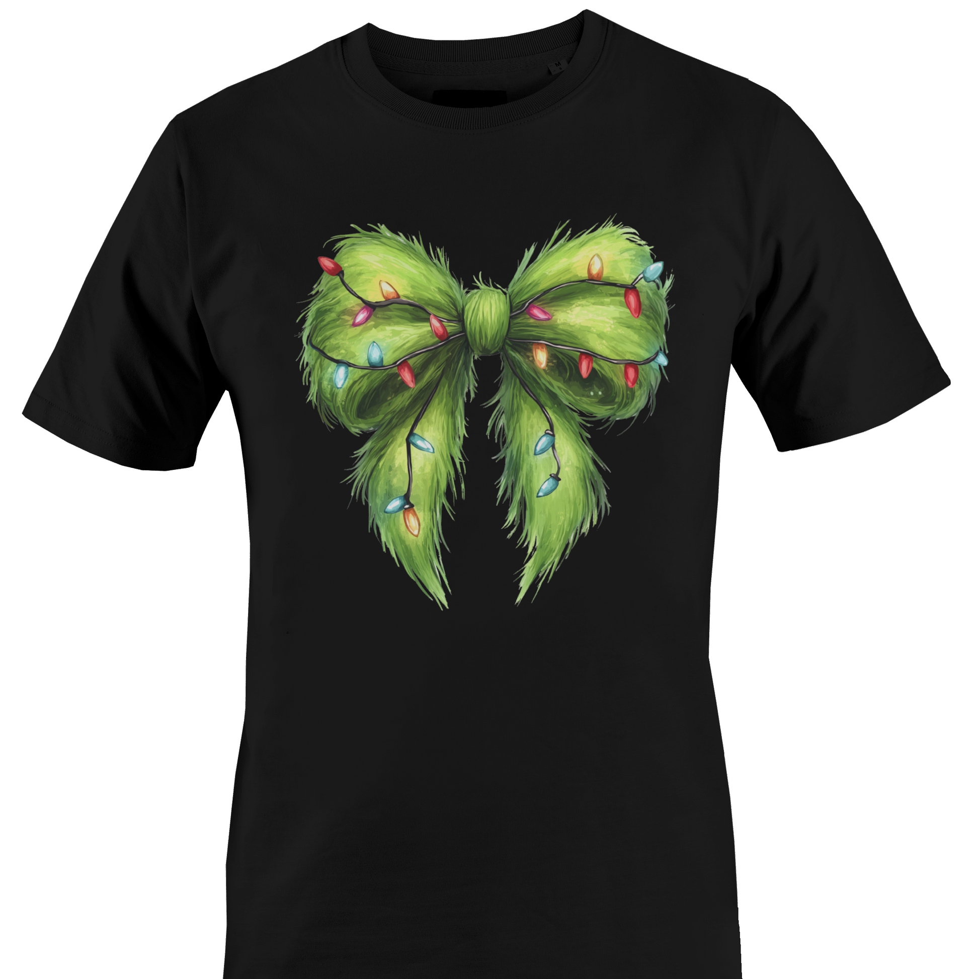 Black t-shirt with a furry green bow and Christmas lights by Monkey's Creations. 