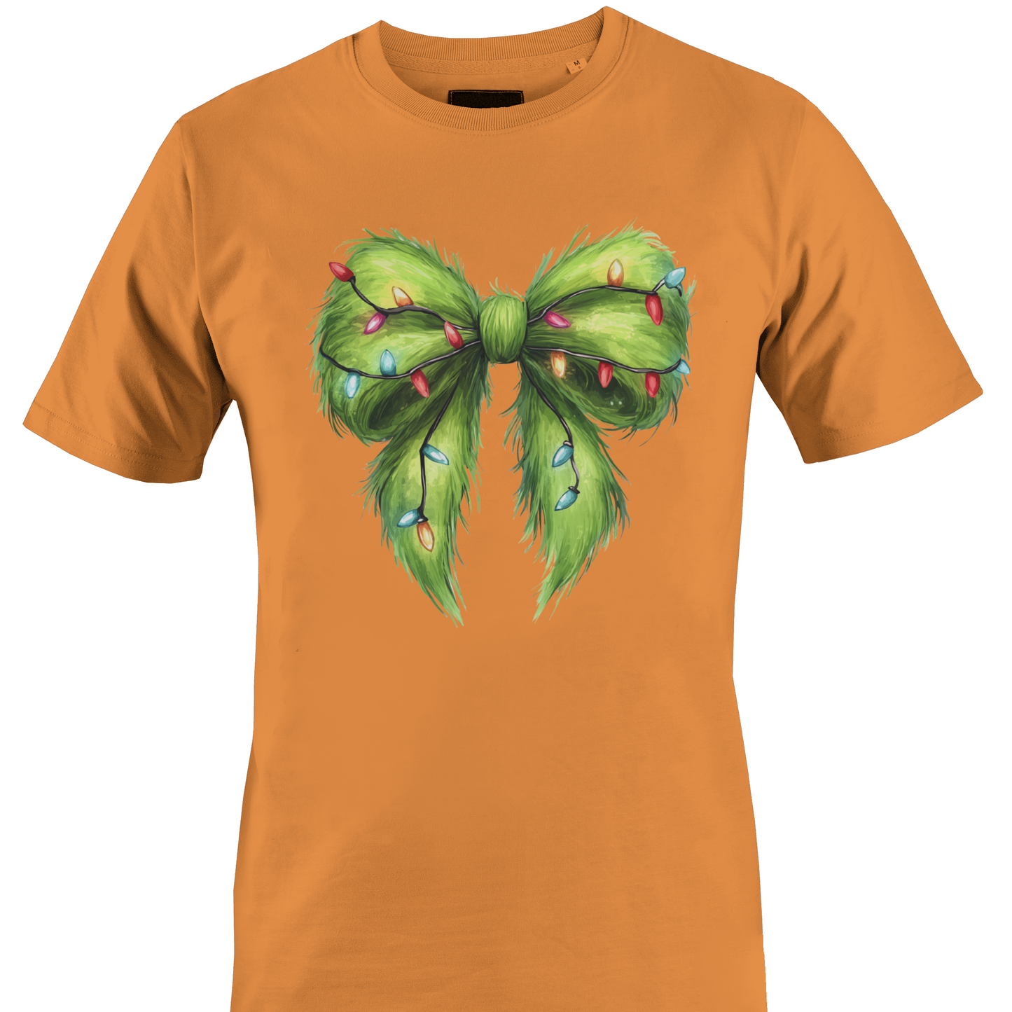 Orange t-shirt with a furry green bow and Christmas lights by Monkey's Creations. 