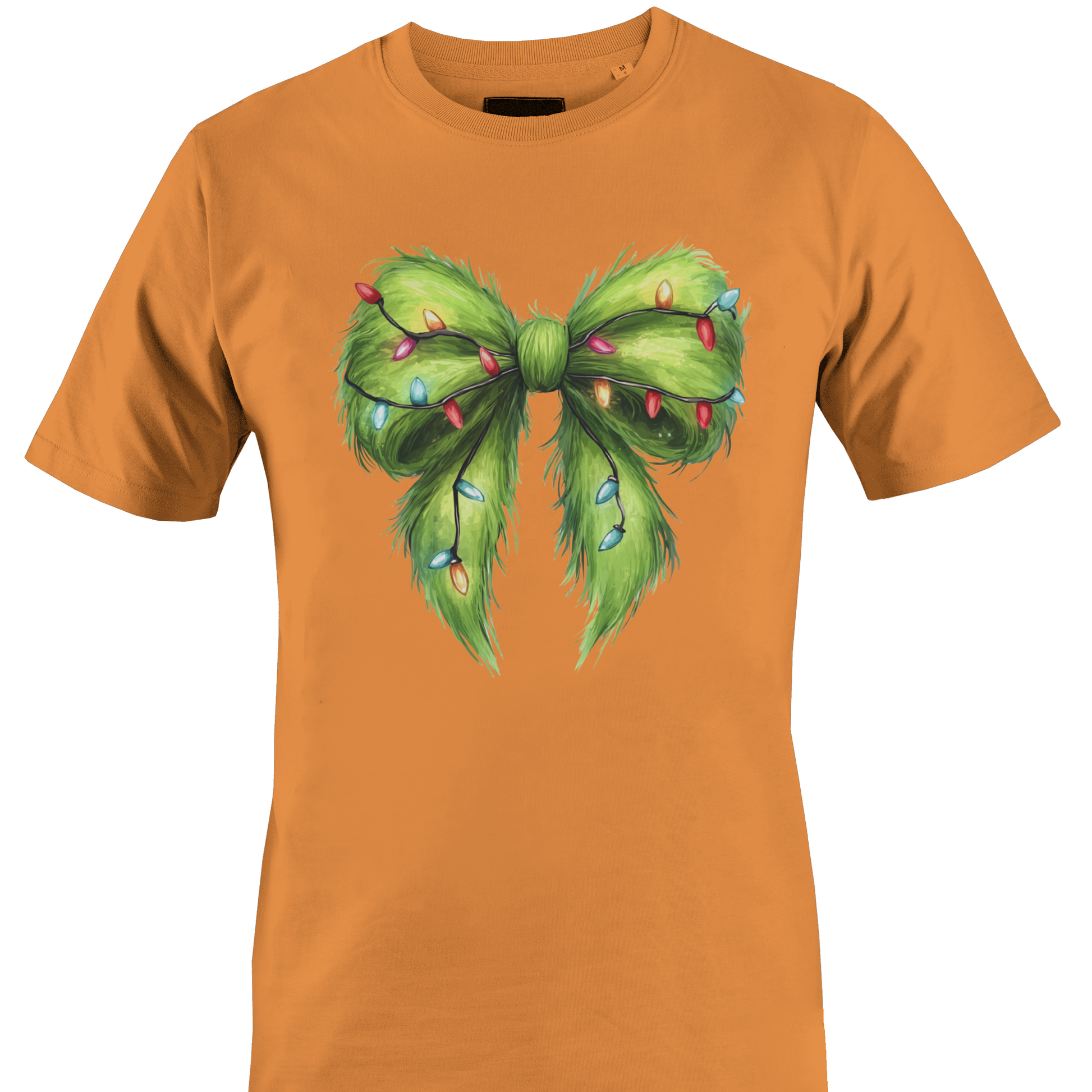 Orange t-shirt with a furry green bow and Christmas lights by Monkey's Creations. 