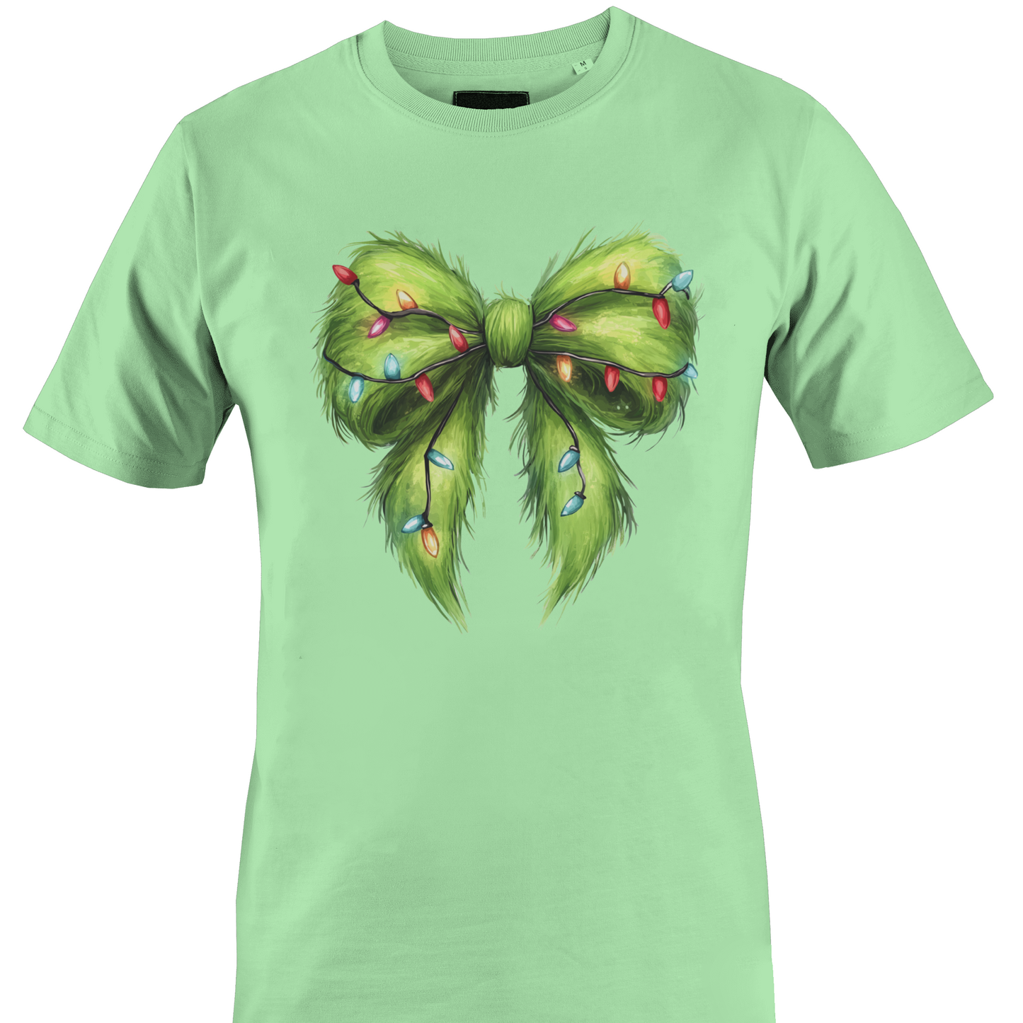 Mint green t-shirt with a furry green bow and Christmas lights by Monkey's Creations. 