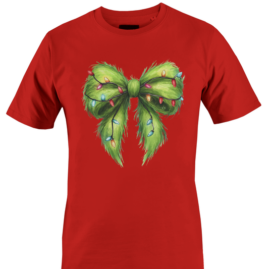 Red t-shirt with a furry green bow and Christmas lights by Monkey's Creations. 