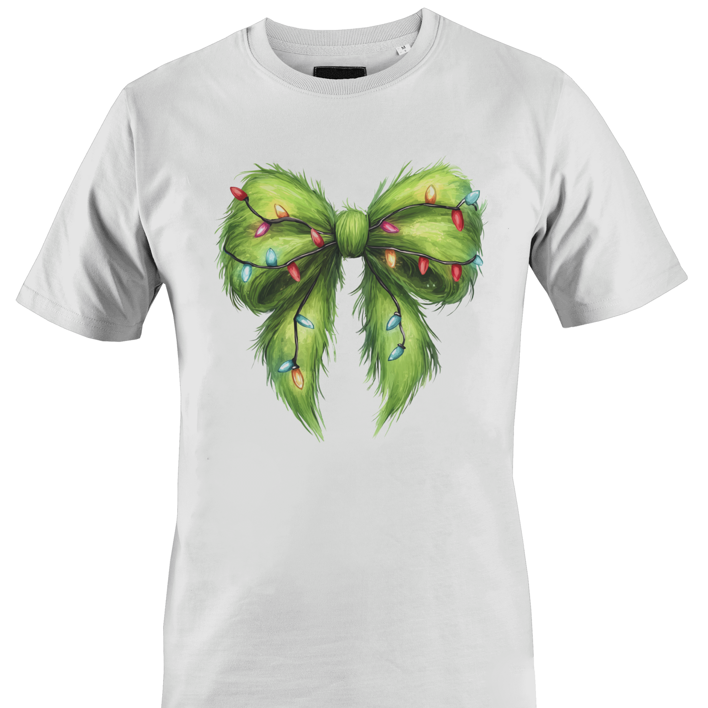 White t-shirt with a furry green bow and Christmas lights by Monkey's Creations. 
