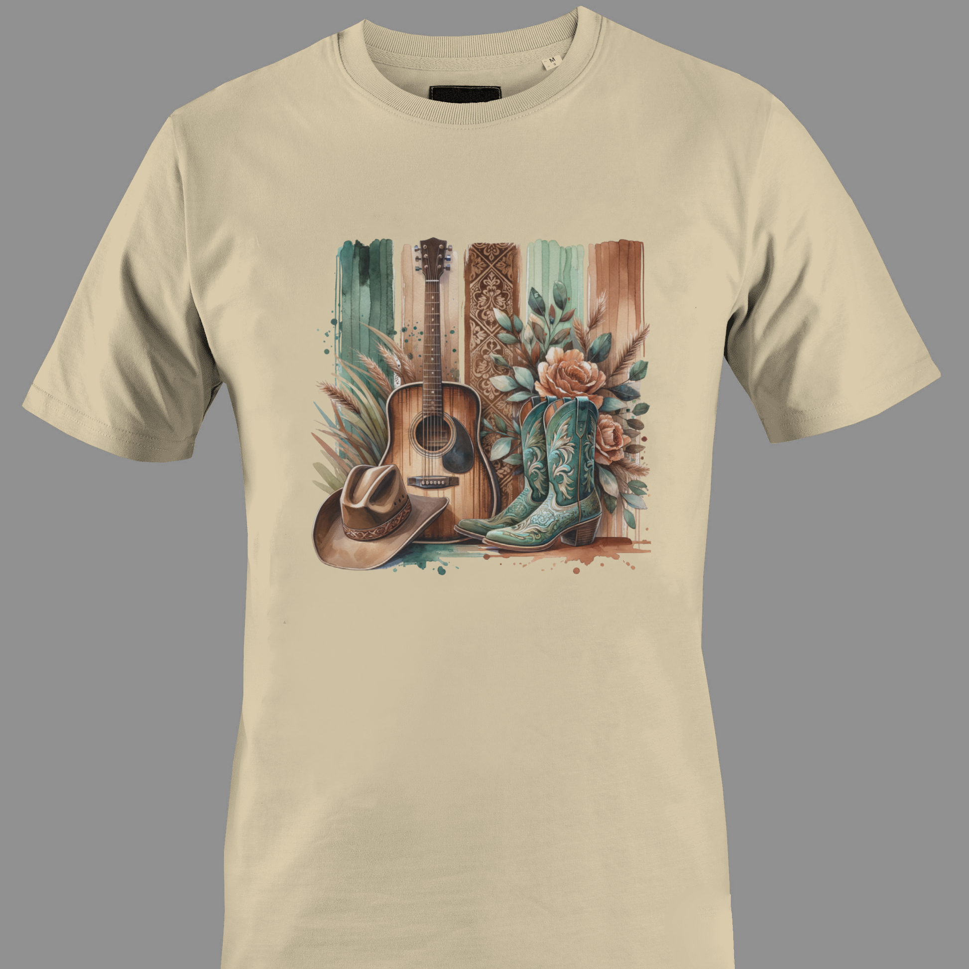 Beige t-shirt with a hat, guitar and boot graphic 