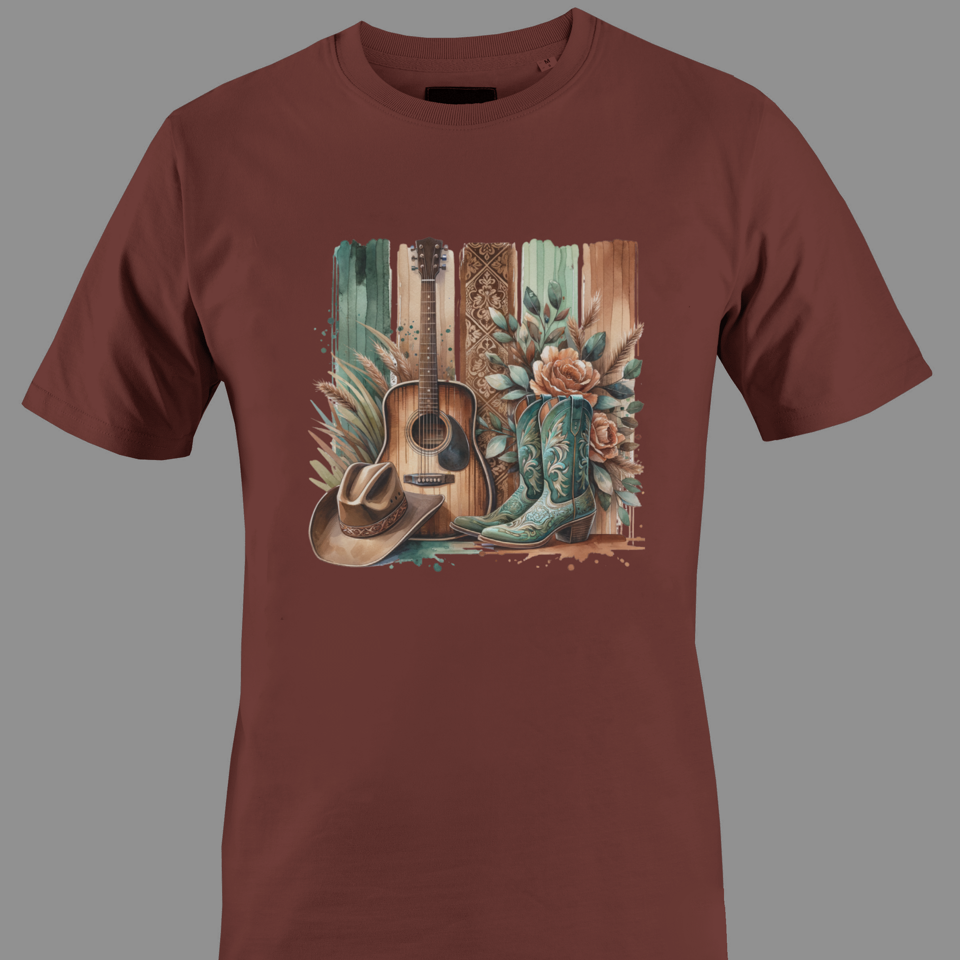 Brown t-shirt with a hat, guitar and boot graphic 