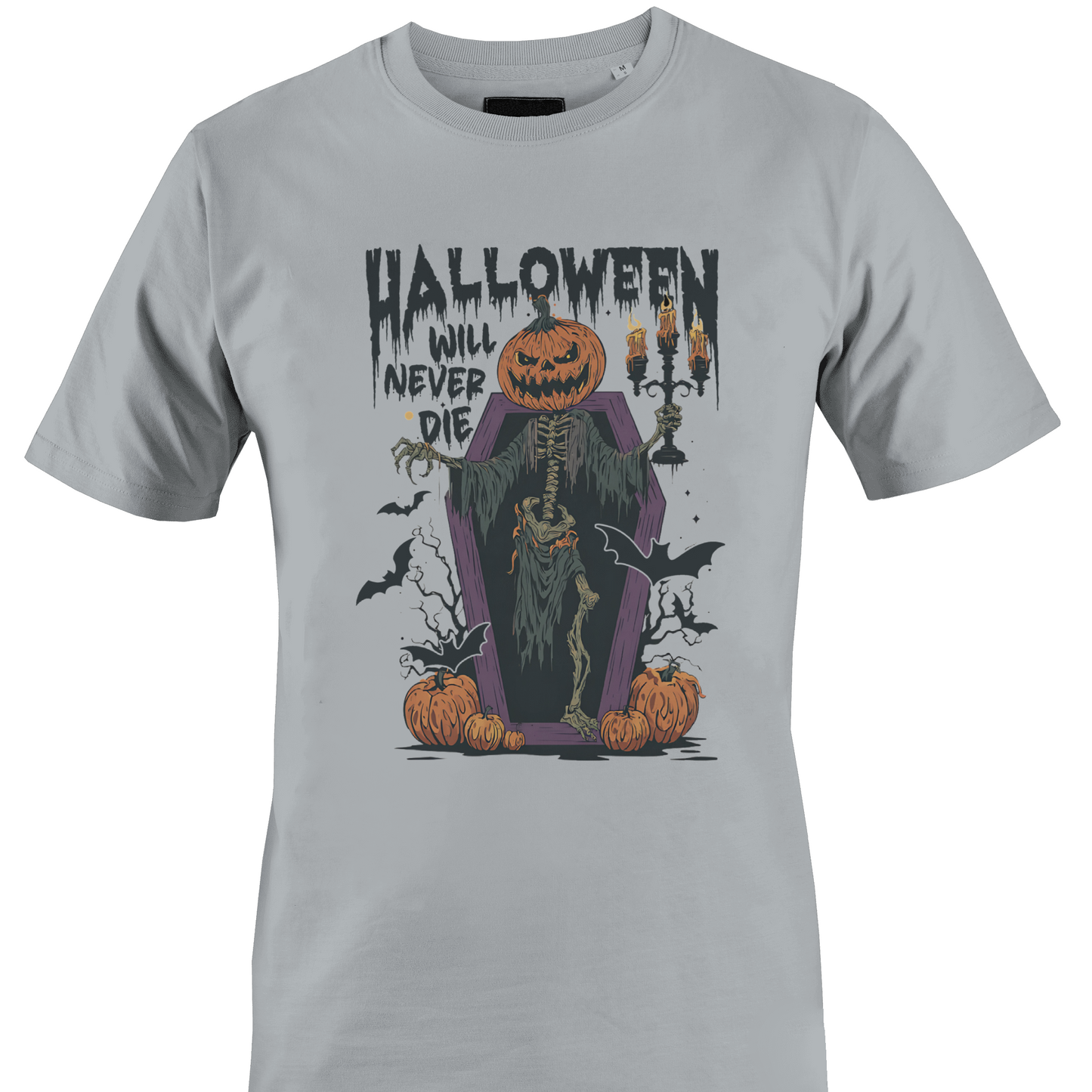 Light grey t-shirt with Halloween elements and the text "halloween will never die" by Monkey's Creations. 