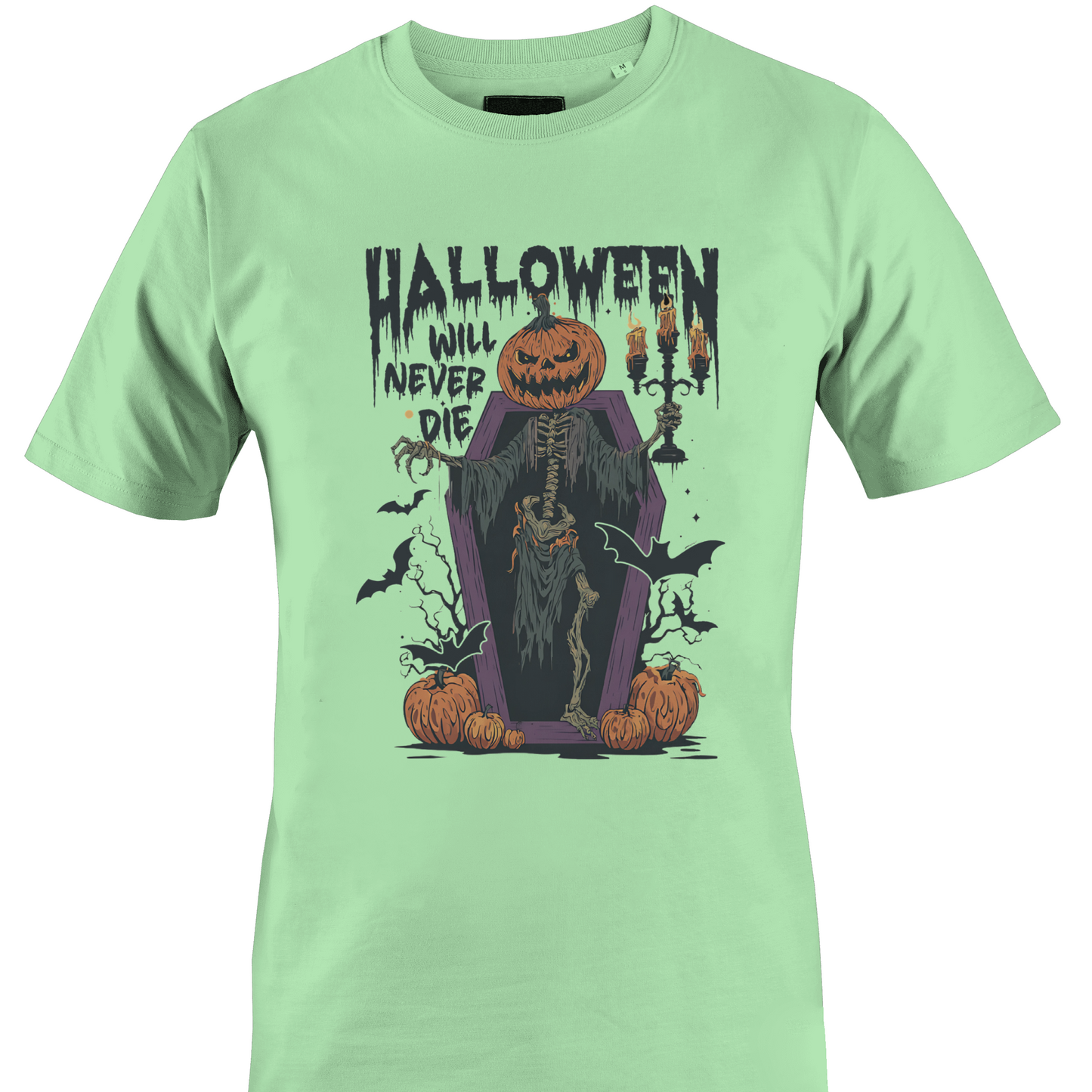 mint green t-shirt with Halloween elements and the text "halloween will never die" by Monkey's Creations. 