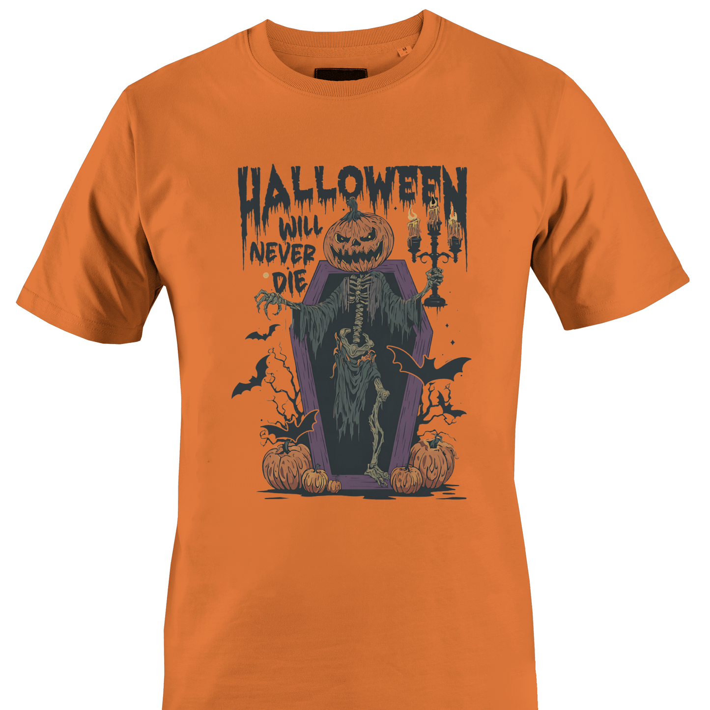 Orange t-shirt with Halloween elements and the text "halloween will never die" by Monkey's Creations. 