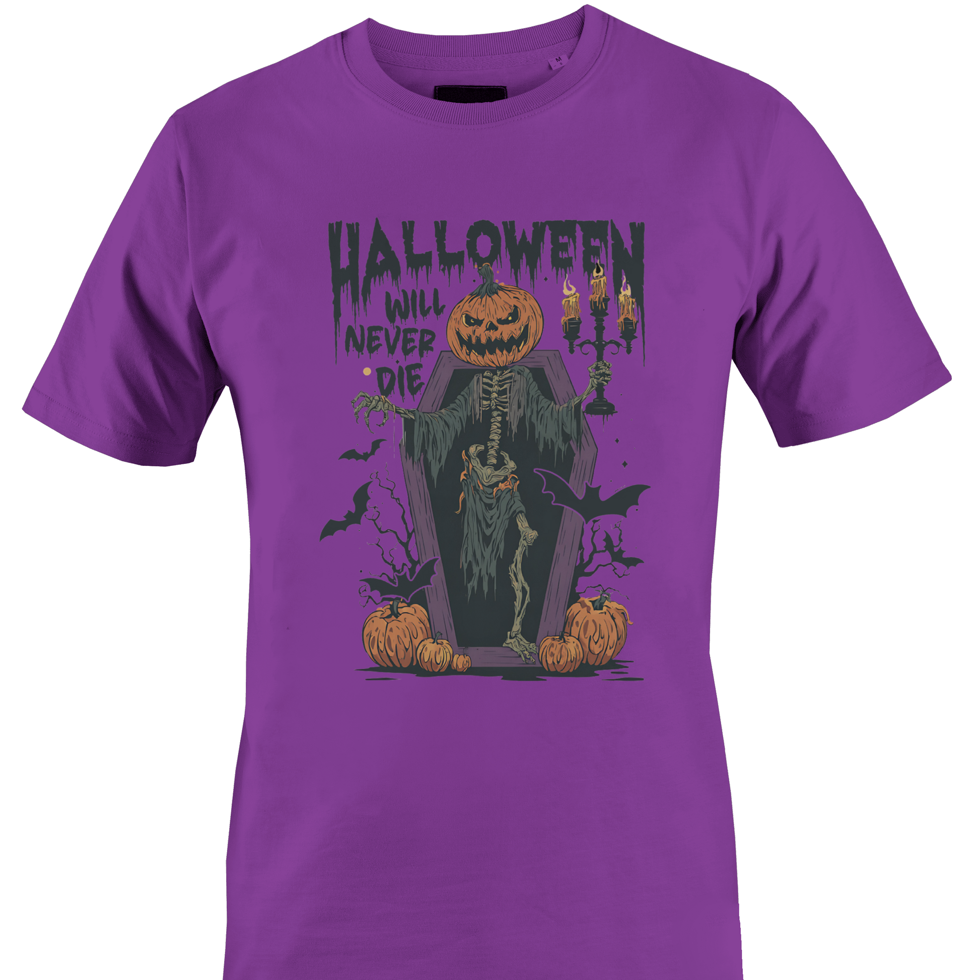 Purple t-shirt with Halloween elements and the text "halloween will never die" by Monkey's Creations. 