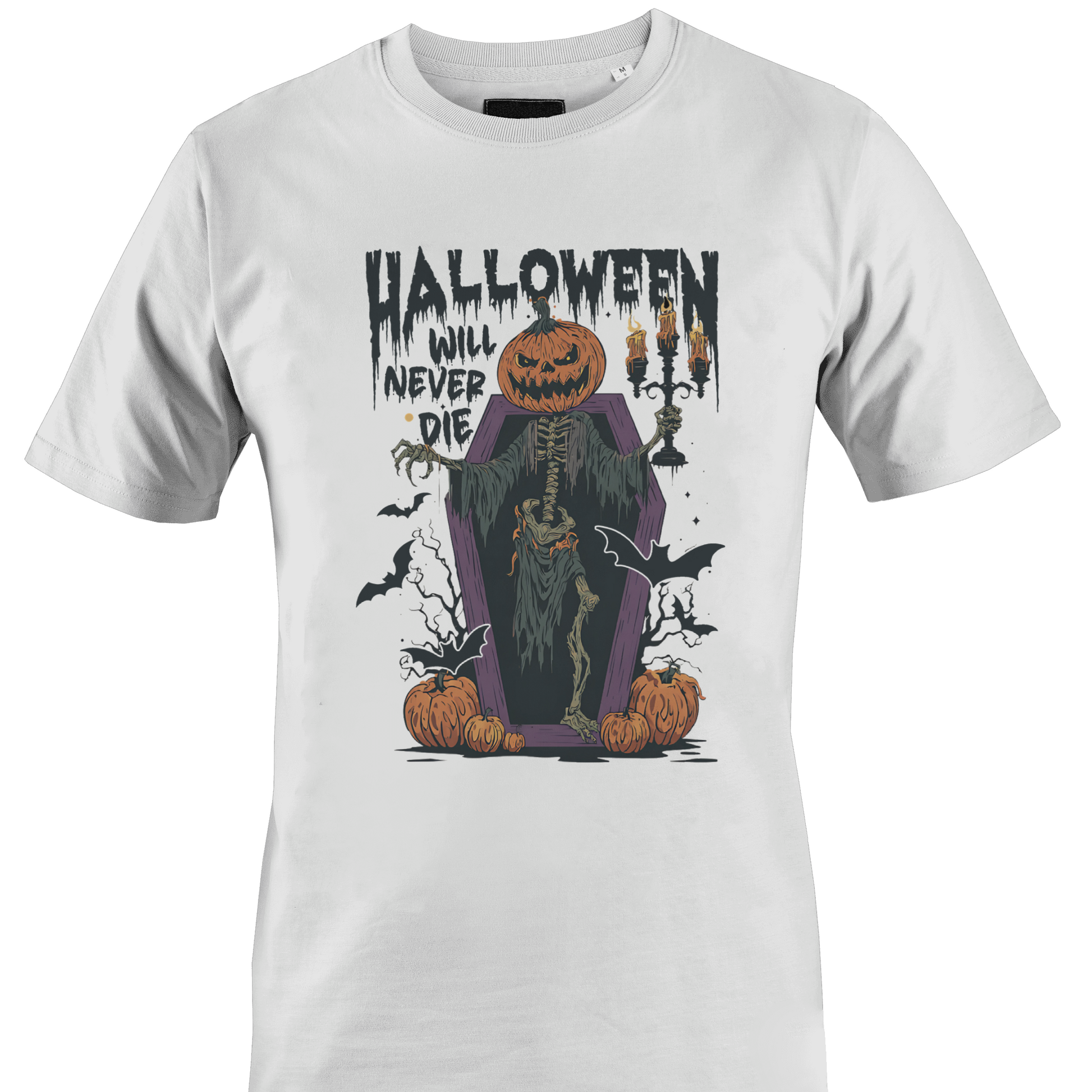 White t-shirt with Halloween elements and the text "halloween will never die" by Monkey's Creations. 
