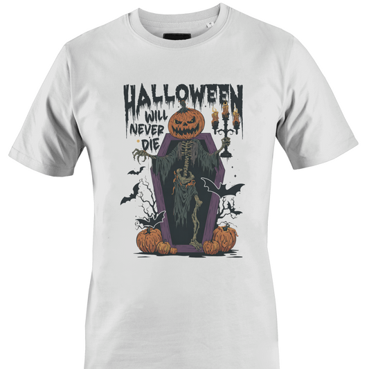 White t-shirt with Halloween elements and the text "halloween will never die" by Monkey's Creations. 