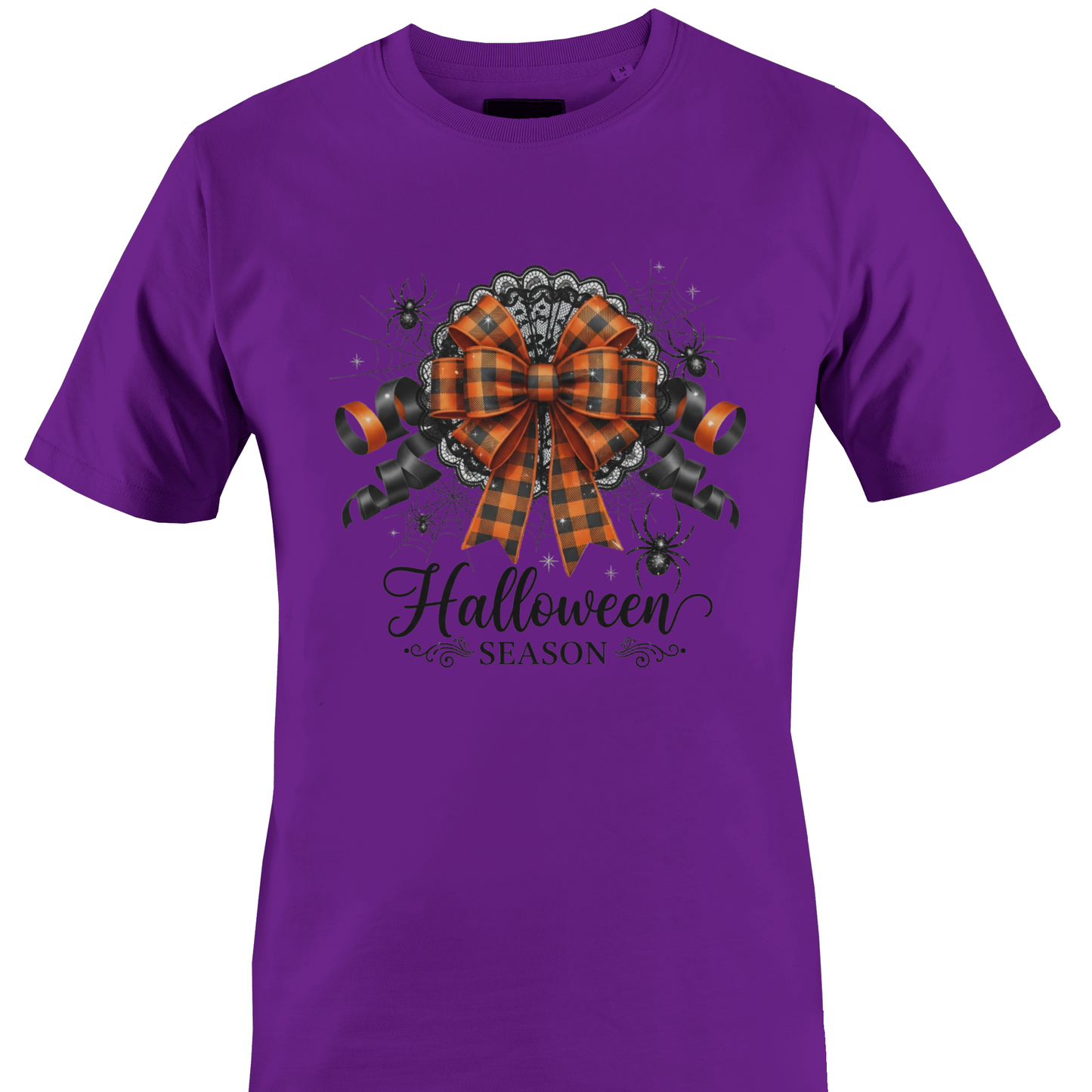Dark purple t-shirt with a check orange and black bow, spiders, cobwebs, lace and text "Halloween season by Monkey's Creations. 